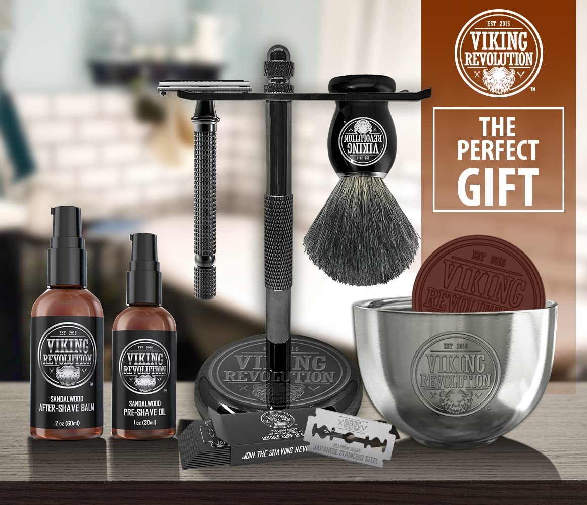 Viking Revolution Luxury Safety Razor Shaving Kit - Includes Double Edge Safety Razor, Stand, Bowl, After-Shave Balm, Pre-Shave Oil, Badger Brush - Safety Razor Kit