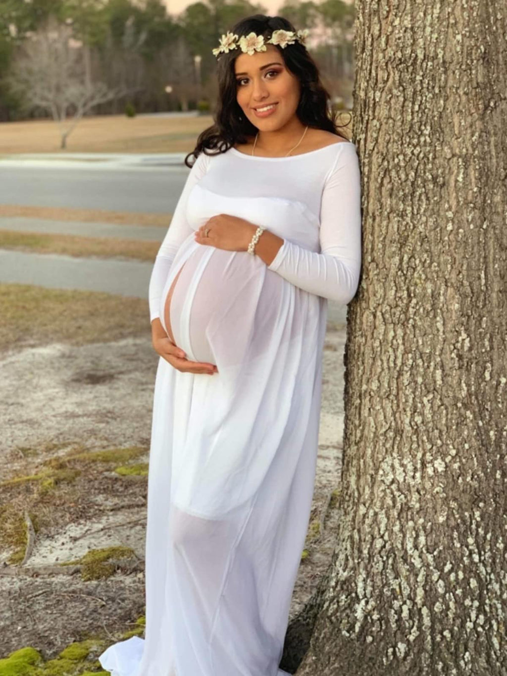YnimioAOX Women's Off Shoulder Long Sleeve Maternity Dress for Photography Chiffon Maternity Gown for Photoshoot