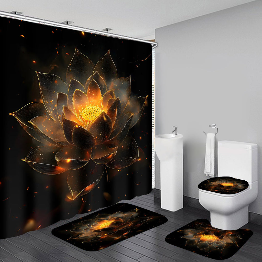 AZHM 4PCS Lotus Shower Curtain Set Black and Gold Flower Bathroom Decor Sets with Shower Curtain and Rugs and Accessories with 12 Hooks for Toilet