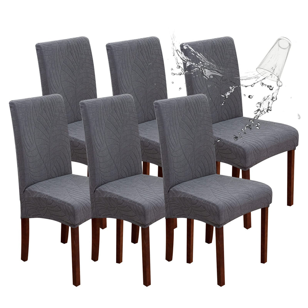 Genina Waterproof Chair Covers for Dining Room 6 Pack, Stretch Jacquard Dining Chair Cover Removable Washable Chair Protectors Cover for Kitchen, Home (Leaves-Warm Gray, 6 PCS)