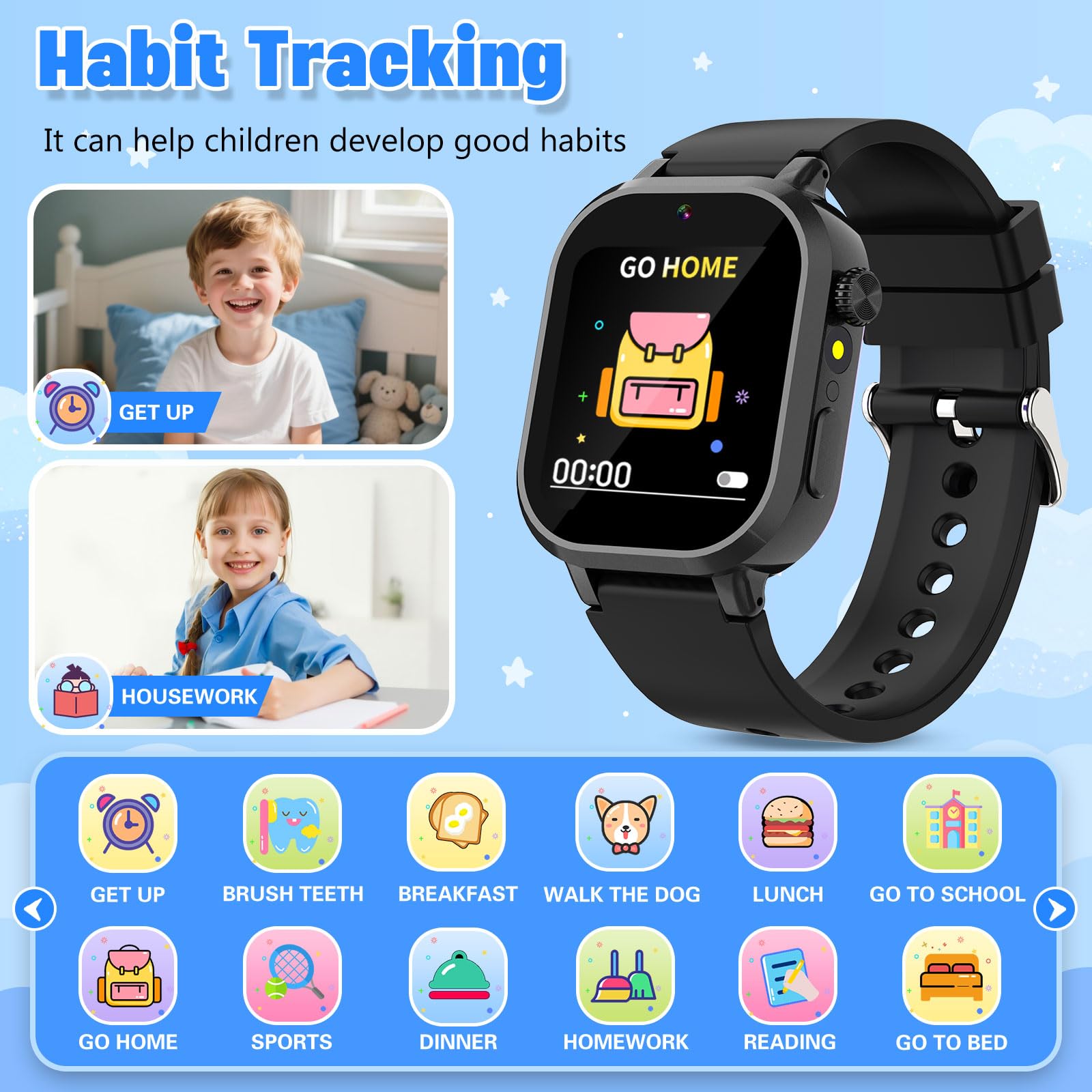 Wiszodet Kids Waterproof Smart Watch Boys Gift Age 3-12 with 39 Game HD Touch Screen Music Player Video Camera Pedometer Alarm Clock Birthday Gift for 6 7 8 9 Year Olds Blue