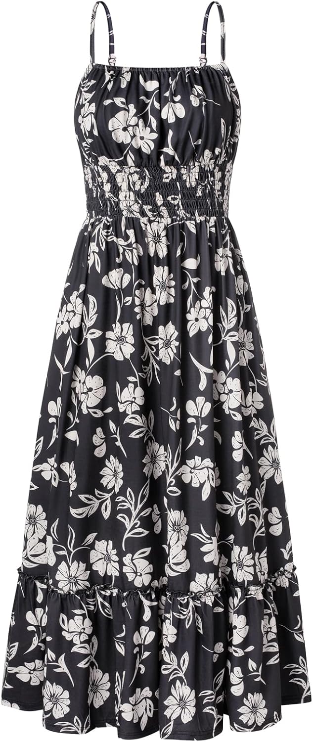 GRACE KARIN Summer Dresses for Women 2026 Vacation,Smocked Floral Maxi Dress,Boho Beach Sundress with Pocket Fashion Clothing