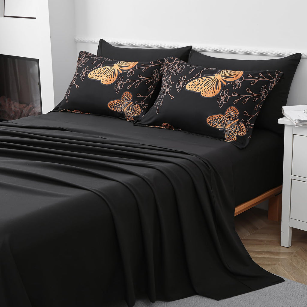 Yogeneg 7 Piece Bed in a Bag King Size Comforter Set Black Bedding Set,Gold Butterfly Leaves Printed on Black Reversible Design,Soft Microfiber Comforter with Sheet Set,All Season(Butterfly,King)