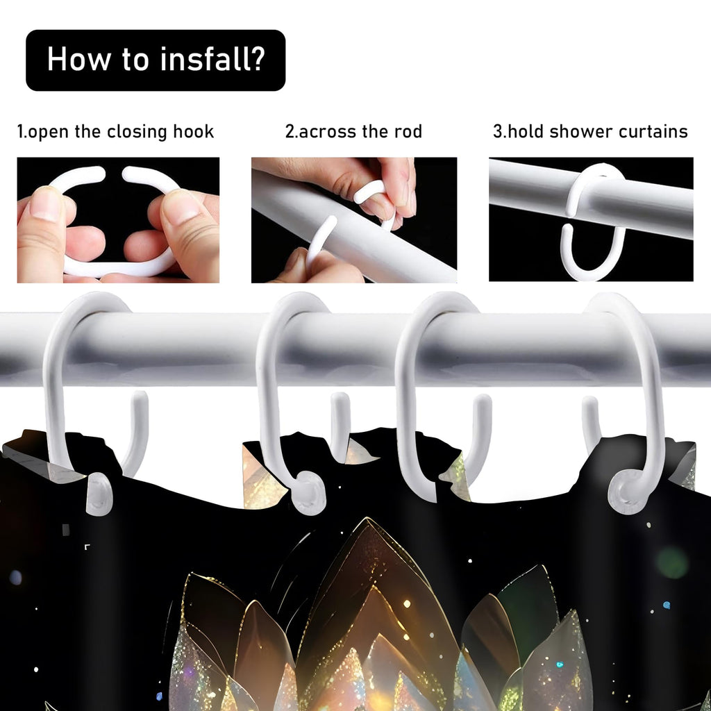 AZHM 4PCS Lotus Shower Curtain Set Black and Gold Flower Bathroom Decor Sets with Shower Curtain and Rugs and Accessories with 12 Hooks for Toilet