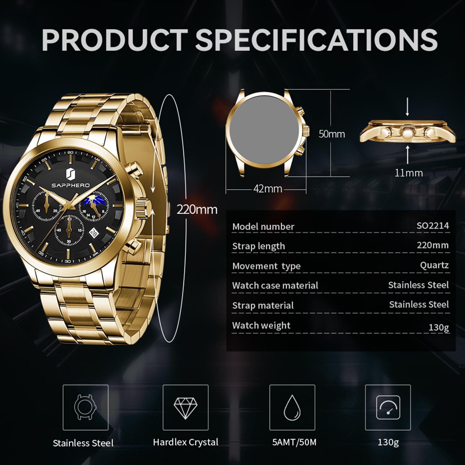 SAPPHERO Chronograph Watches for Men, Original Business Casual Stainless Steel Analog Watch 50M Waterproof Luminous Watches with Date Dial, Mens Gift