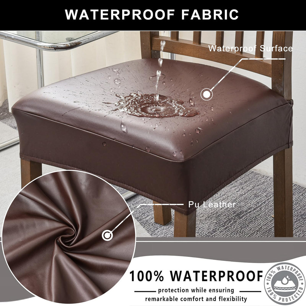 NILUOH Waterproof Seat Covers for Dining Room Chairs Set of 6, Pu Leather Chair Seat Slipcovers Dining Chair Cover Removable Washable Chair Protctor Cover, Rear Covers (PU-Coffee)