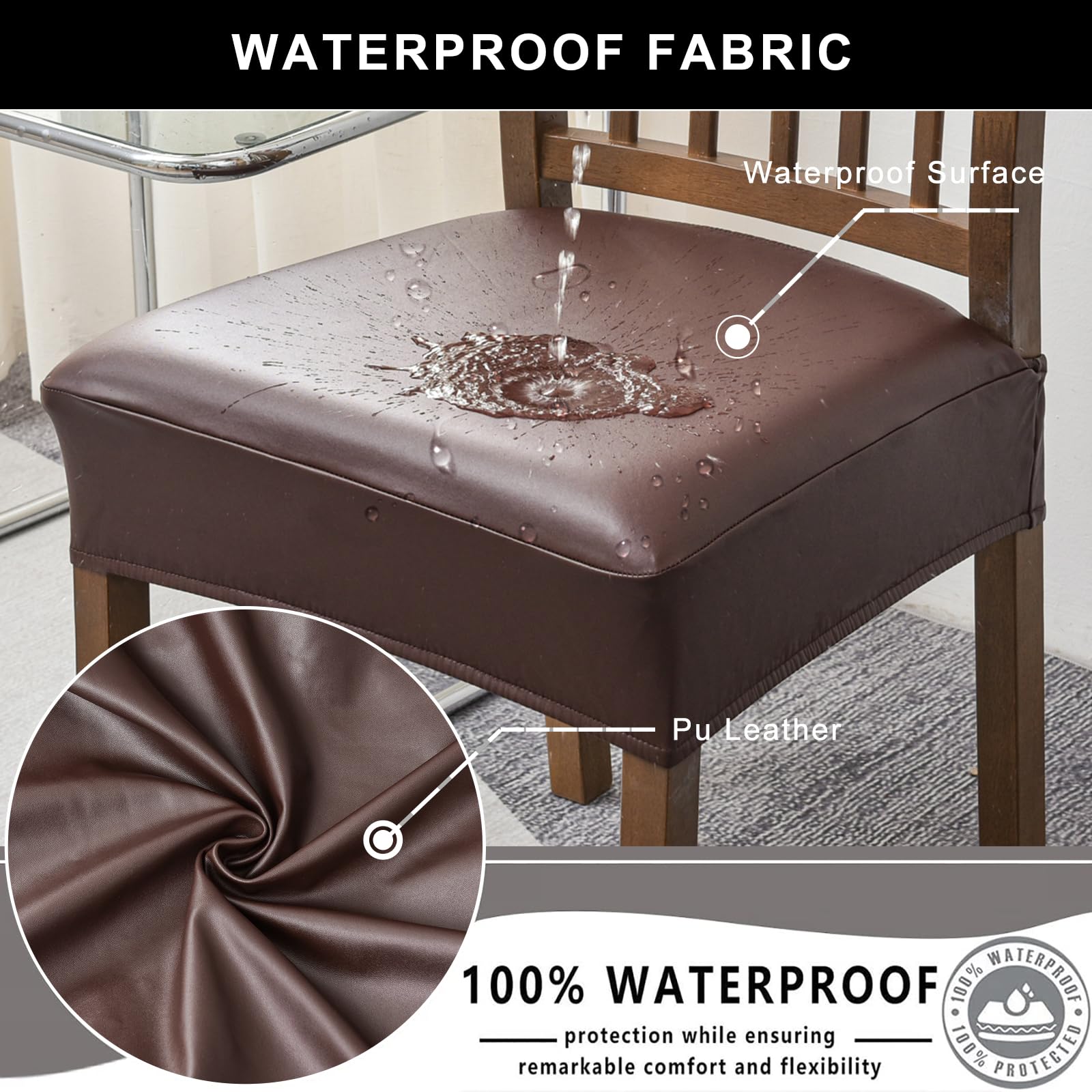 NILUOH Waterproof Seat Covers for Dining Room Chairs Set of 6, Pu Leather Chair Seat Slipcovers Dining Chair Cover Removable Washable Chair Protctor Cover, Rear Covers (PU-Coffee)