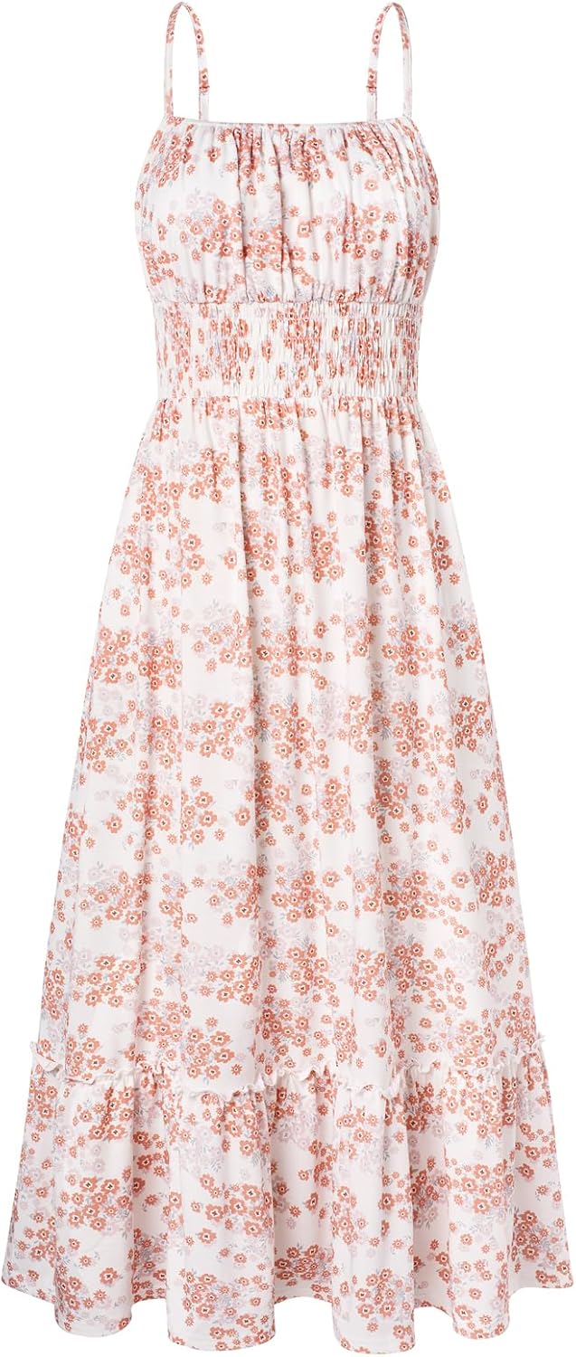 GRACE KARIN Summer Dresses for Women 2026 Vacation,Smocked Floral Maxi Dress,Boho Beach Sundress with Pocket Fashion Clothing
