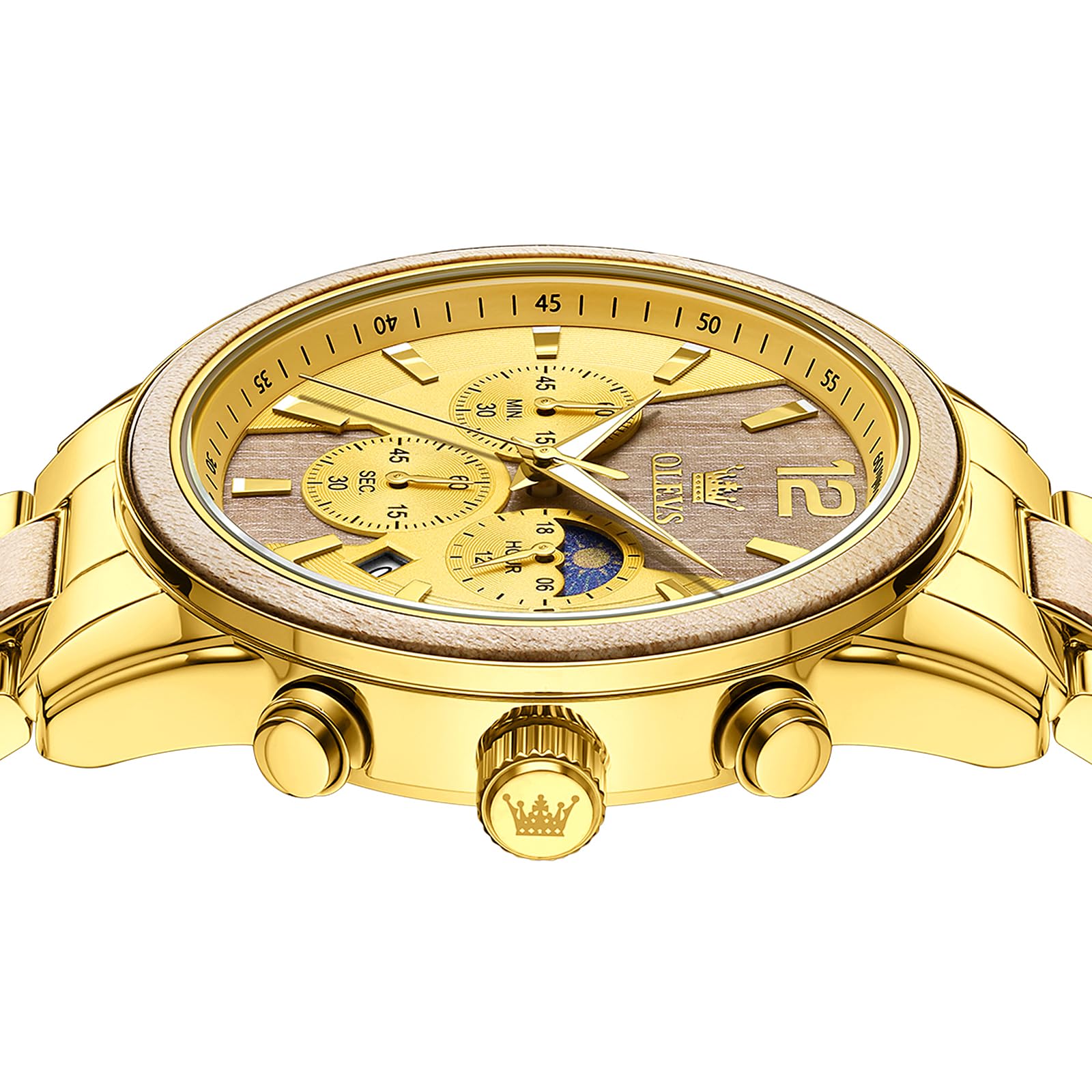 OLEVS Men Analog Quartz Waterproof Watches Multifunction Chronograph Diamond Moon Phase Luminous Silicone Band Wrist Watches