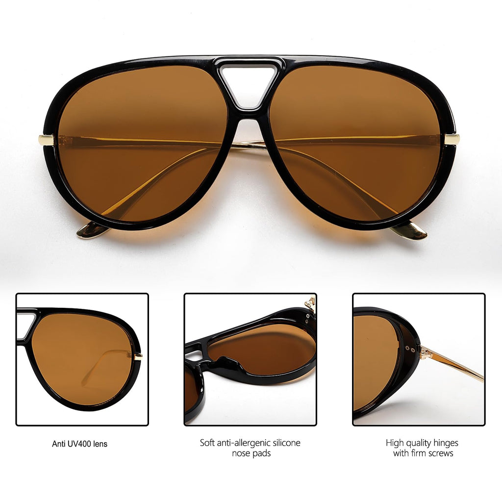 GUVIVI Retro Gold Aviator Sunglasses for Women Men, 2026 Metal Oversized 70s Aviators Black Vacation Beach Sun Glasses