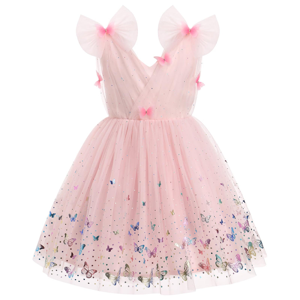 IMEKIS Toddler Kids Girls Butterfly Dress Sparkle Sequins Tulle Wedding Formal Birthday Dresses 2-10T
