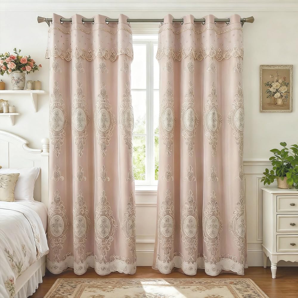 Amidoudou 1 Pair European Double Layer Curtains with Valances for Living Room Bedroom Luxury 3D Flower Embroidered Curtains (Yellow,52x96 Inch)