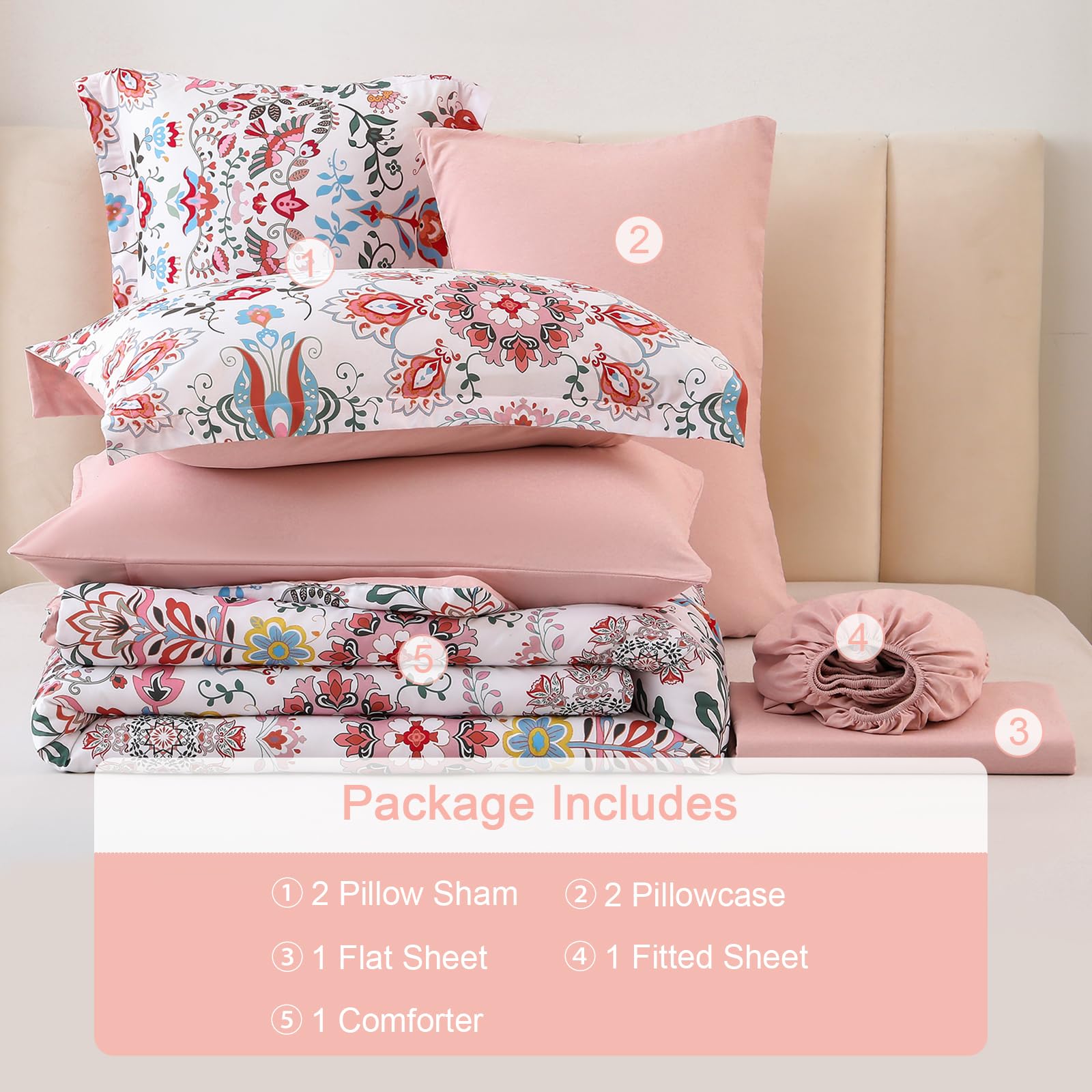 DHSFKBE 7 Piece Bed in a Bag Floral Comforter Set, Botanical Flowers Comforter and Sheet Set, Soft Microfiber Lightweight Bedding Comforter Set for All Season(Dark Floral, King)