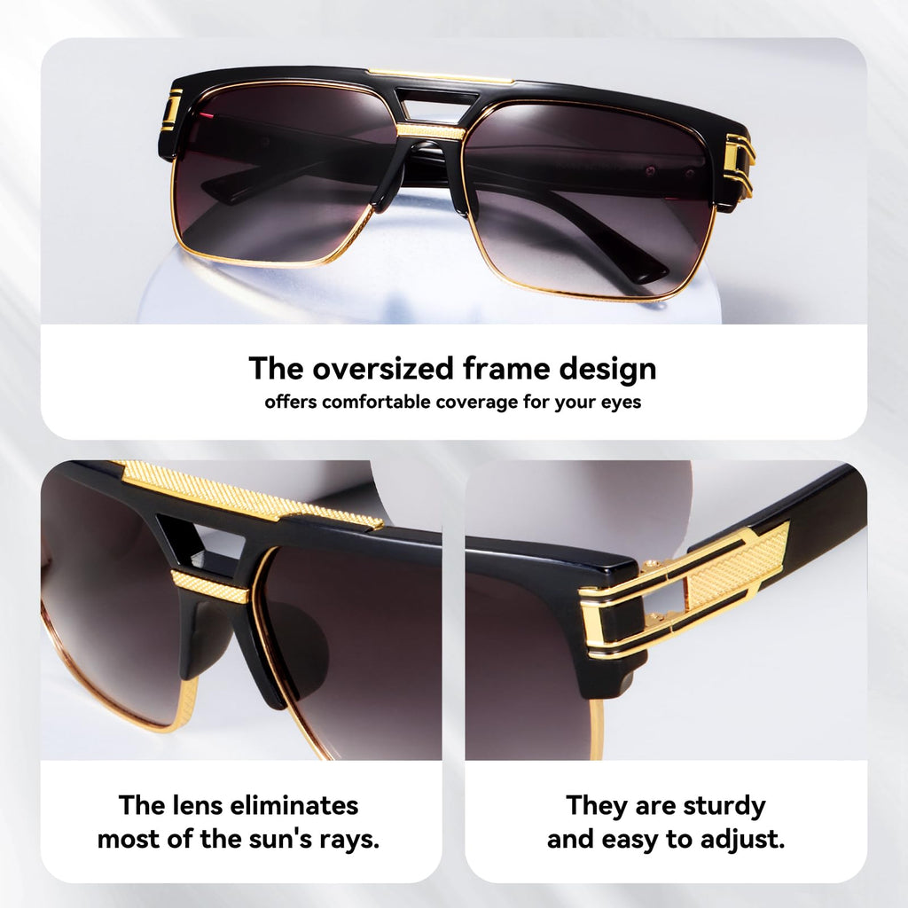 Dollger Square Sunglasses for Men Classic Oversized Sun Glasses Retro Semi Rimless Gold Alloy Frame UV400