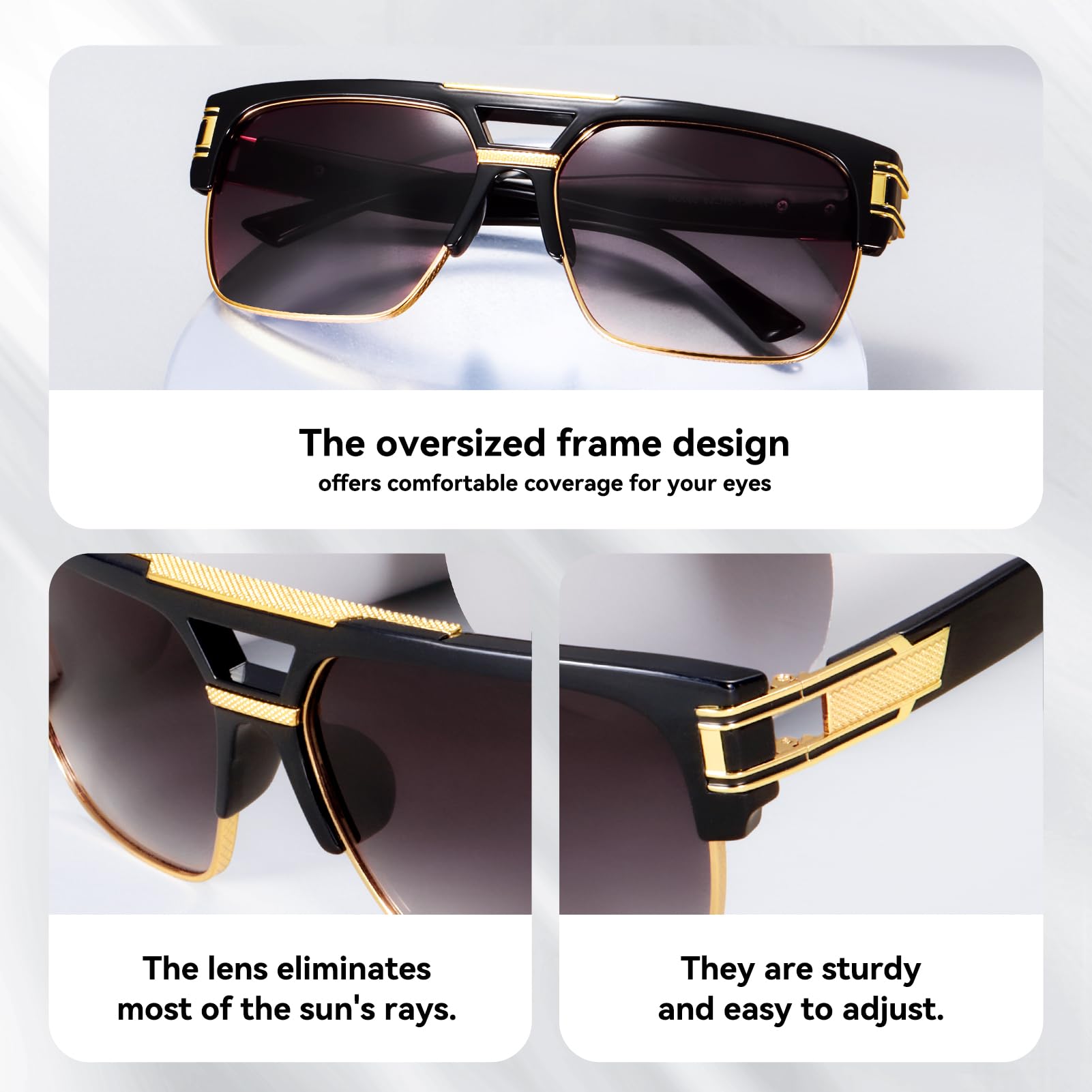 Dollger Square Sunglasses for Men Classic Oversized Sun Glasses Retro Semi Rimless Gold Alloy Frame UV400