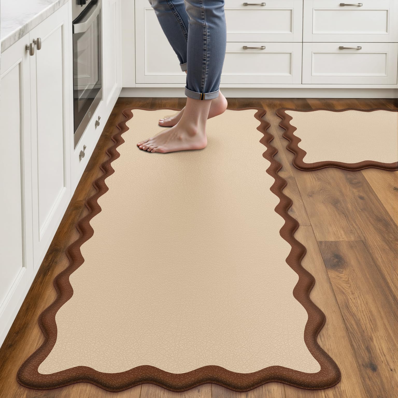 Arenarug Upgrade Scalloped Embossed Kitchen Mats for Floor 2PCS Cushioned Anti Fatigue Waterproof Foam Kitchen Rugs Non Slip Washable Comfort Standing Mat for Office Sink Laundry, Black