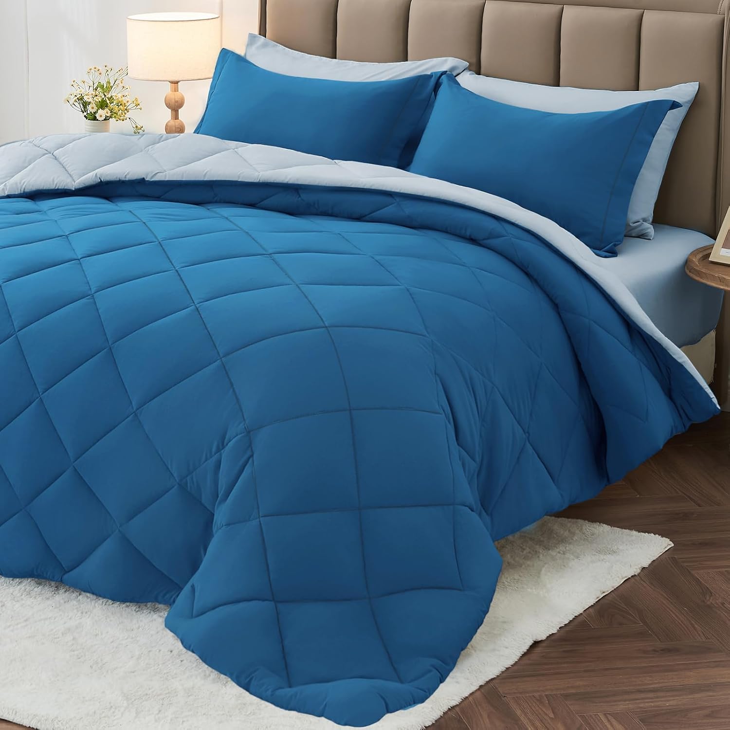 MUXHOMO 7 Pieces King Comforter Set, Reversible Bed in a Bag King Size, All Season Bedding Set with Comforter, Flat Sheet, Fitted Sheet, Pillowcases & Shams, Red & Black