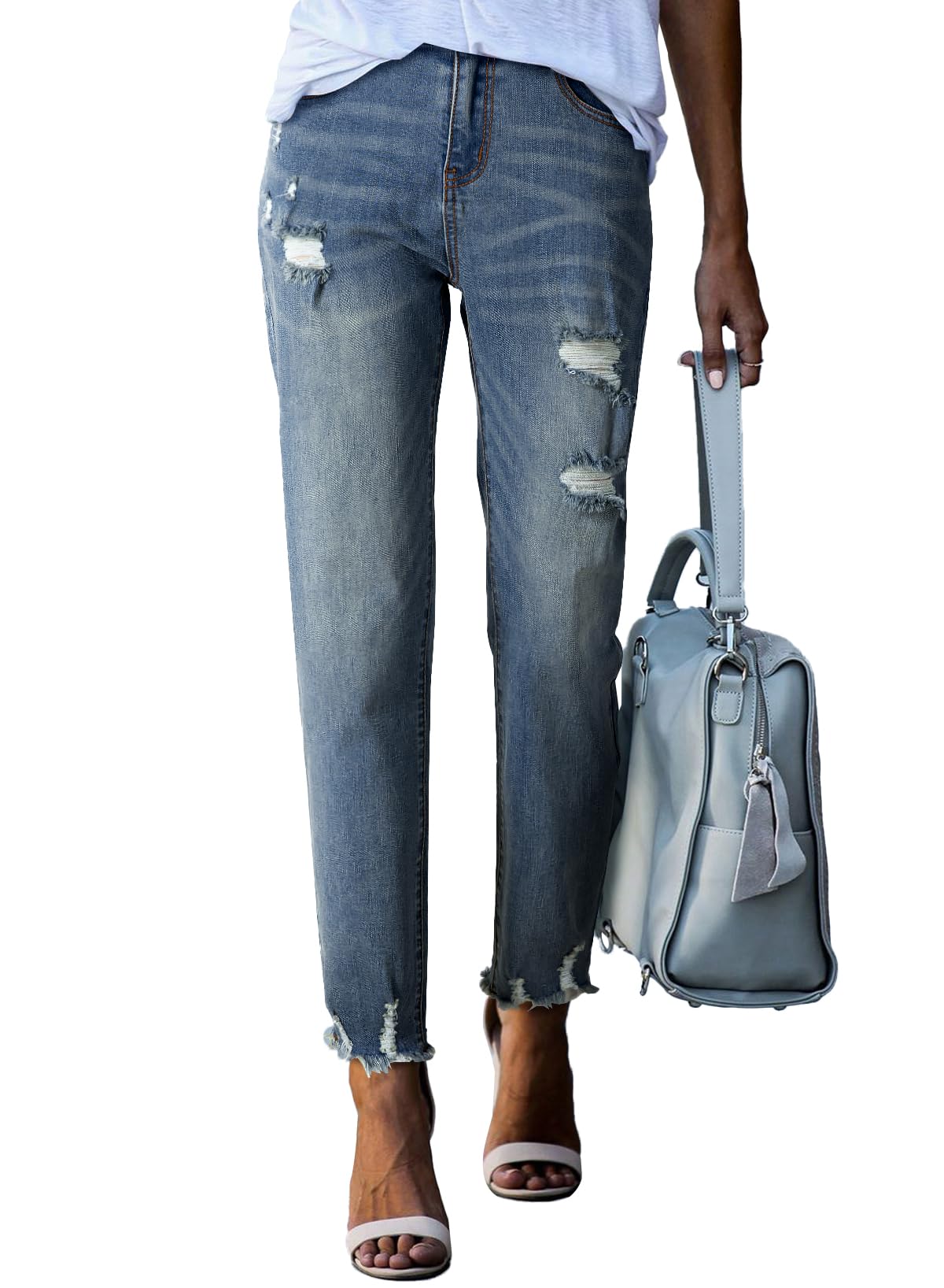 EVALESS Women's High Waisted Tummy Control Straight Ankle Ripped Jeans