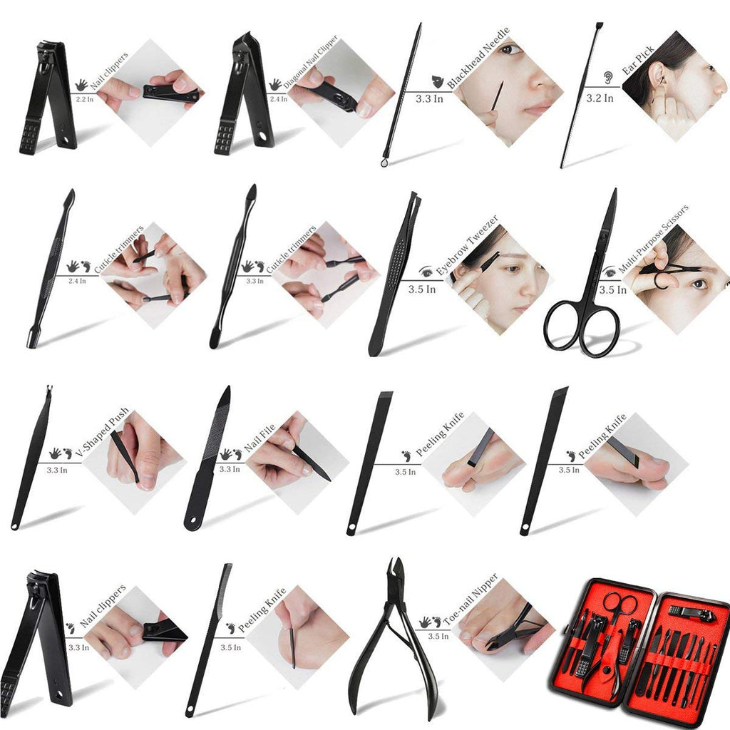 Professional Stainless Steel Nail Clipper Travel & Grooming Kit Nail Tools Manicure & Pedicure Set of 15pcs with Luxurious Case (Black/Yellow)