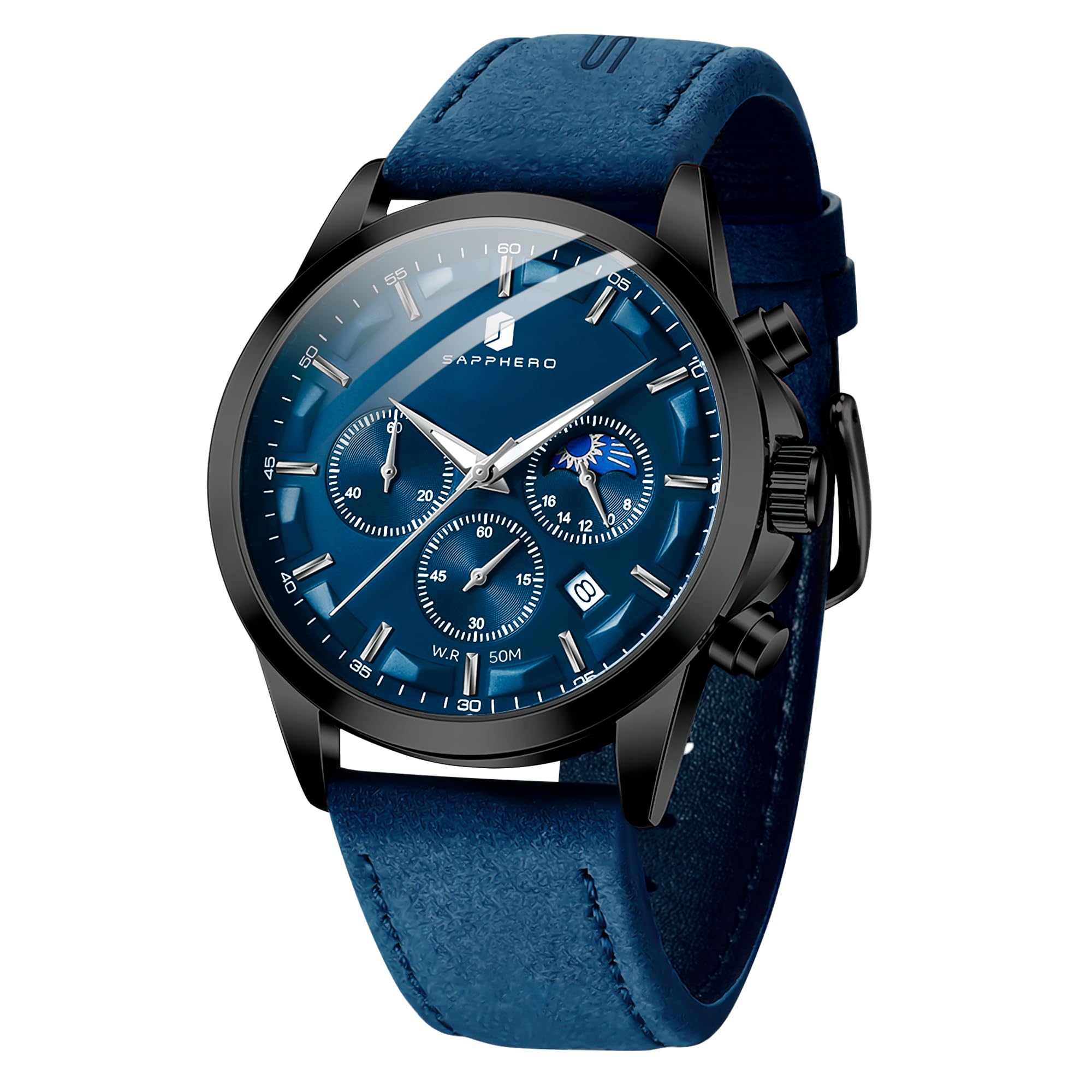 SAPPHERO Chronograph Watches for Men, Original Business Casual Stainless Steel Analog Watch 50M Waterproof Luminous Watches with Date Dial, Mens Gift