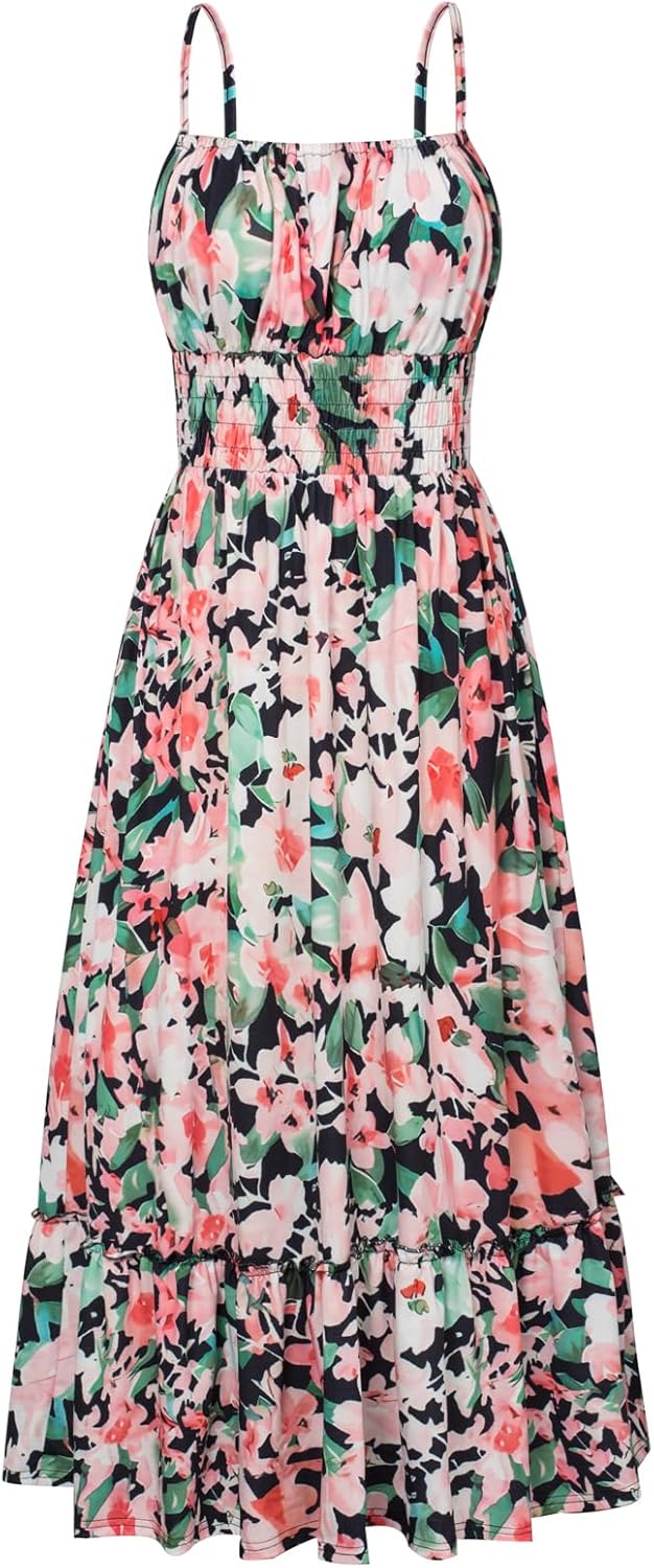 GRACE KARIN Summer Dresses for Women 2026 Vacation,Smocked Floral Maxi Dress,Boho Beach Sundress with Pocket Fashion Clothing