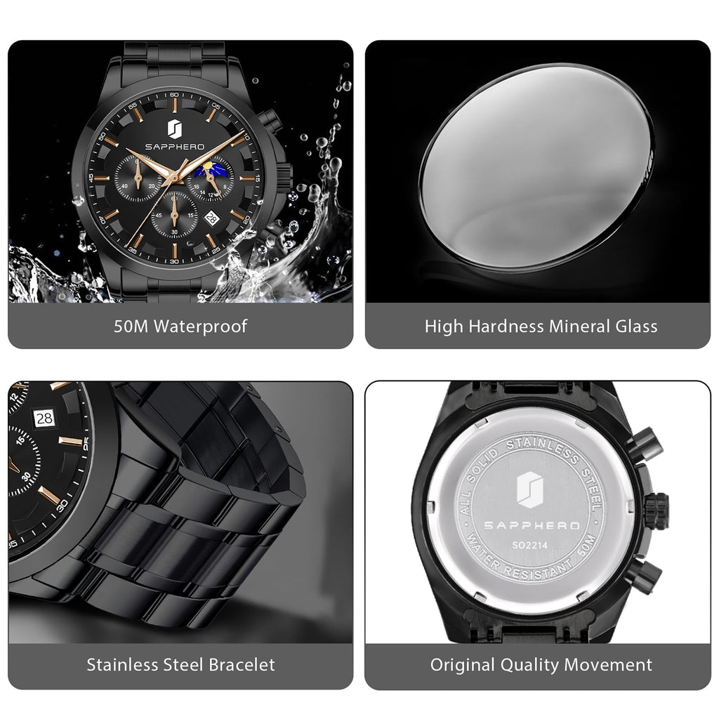 SAPPHERO Chronograph Watches for Men, Original Business Casual Stainless Steel Analog Watch 50M Waterproof Luminous Watches with Date Dial, Mens Gift