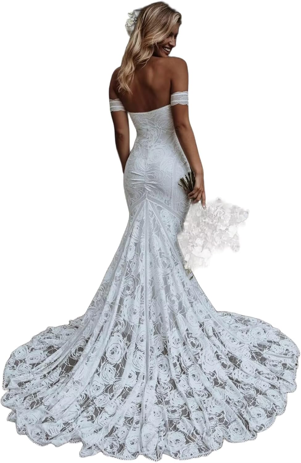 Boho Wedding Dress for Bride Mermaid Lace Applique Beach Bridal Gowns BOFD5