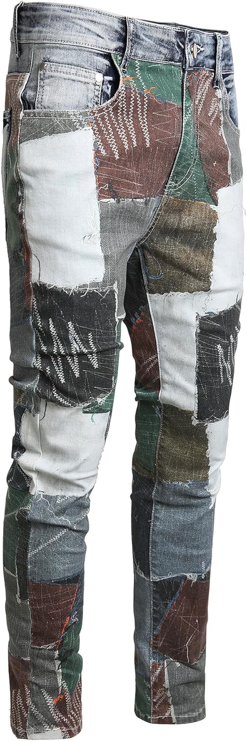 Baylvn Men's Designer Straight Slim Fit Patchwork Jeans Comfort Skinny Biker Denim Pants