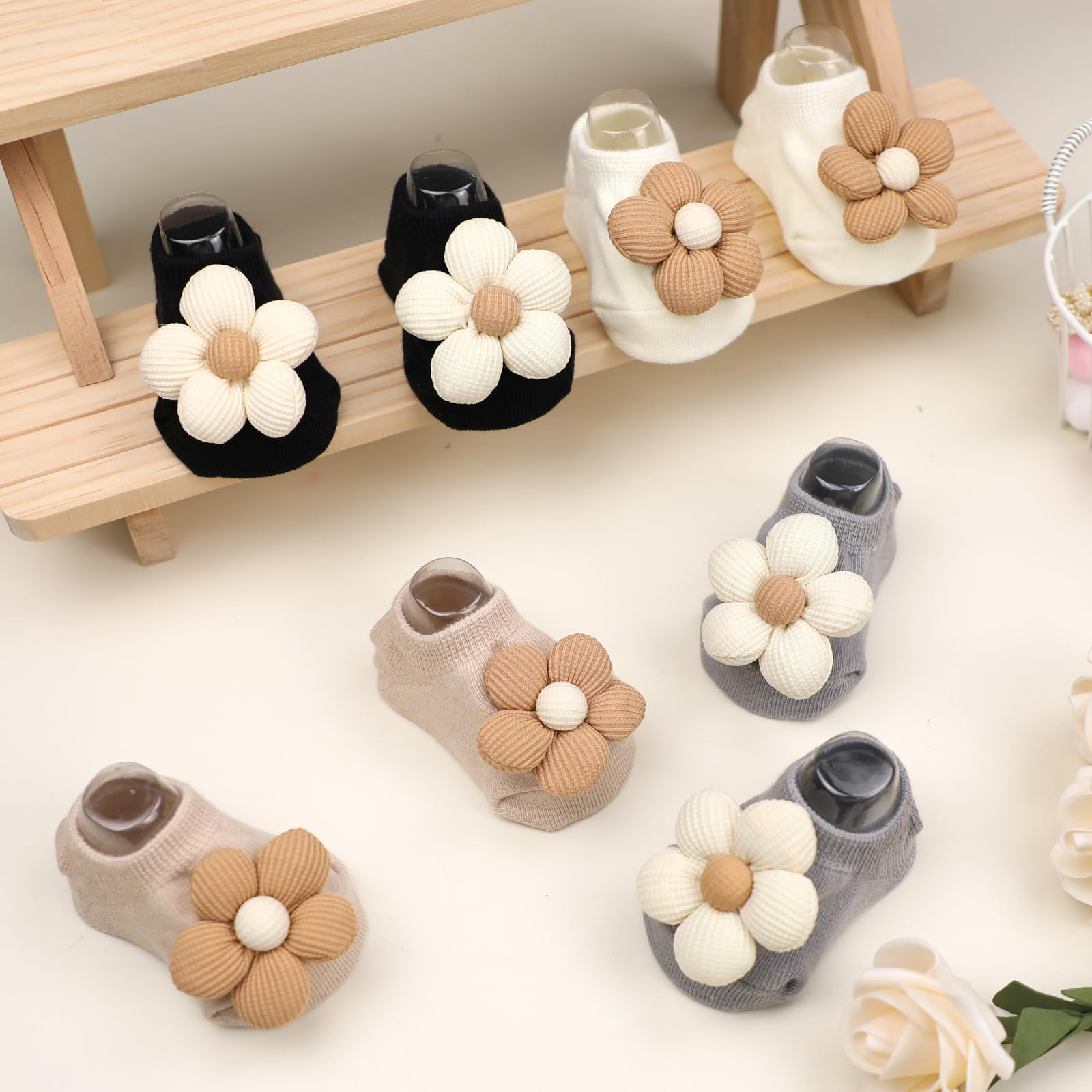 KEAINVRN 4Packs Baby Girls Socks,Flower Non-Slip Grips for Babies Toddler Princess Low Cut Ankle Socks for Girls