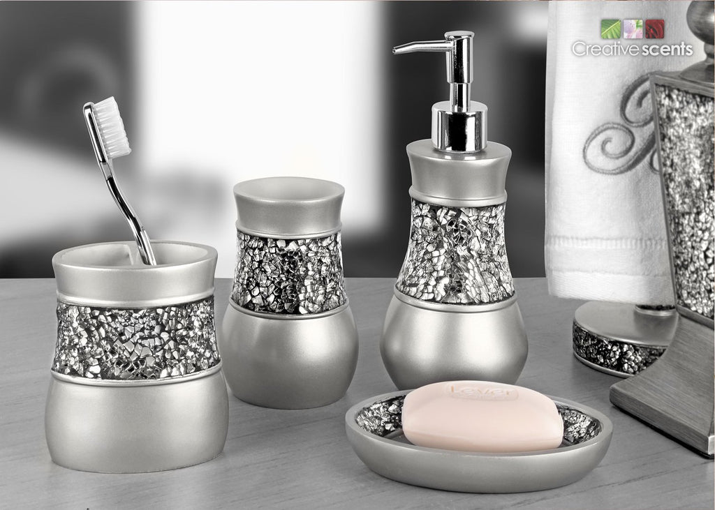 Creative Scents Crackled Glass Silver Bathroom Accessory Set – 4-Piece Vanity Set Includes: Lotion Soap Dispenser, Toothbrush Holder, Tumbler, and Soap Dish