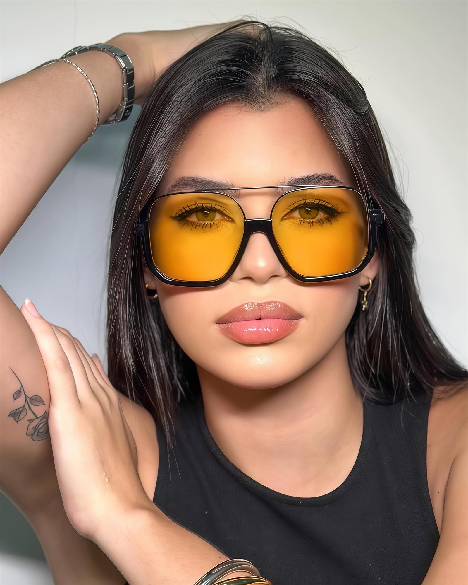 GUVIVI Retro Oversized Aviator Sunglasses for Women Men Square Double Bridge Pilot Sun Glasses 70s Trendy Shades