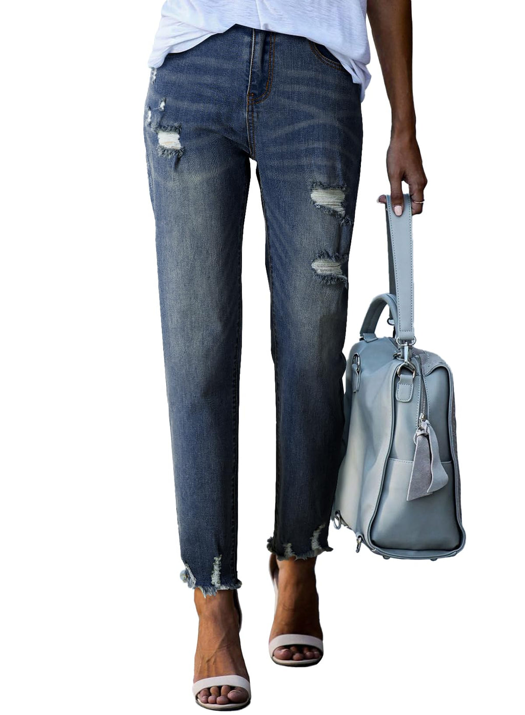 EVALESS Women's High Waisted Tummy Control Straight Ankle Ripped Jeans