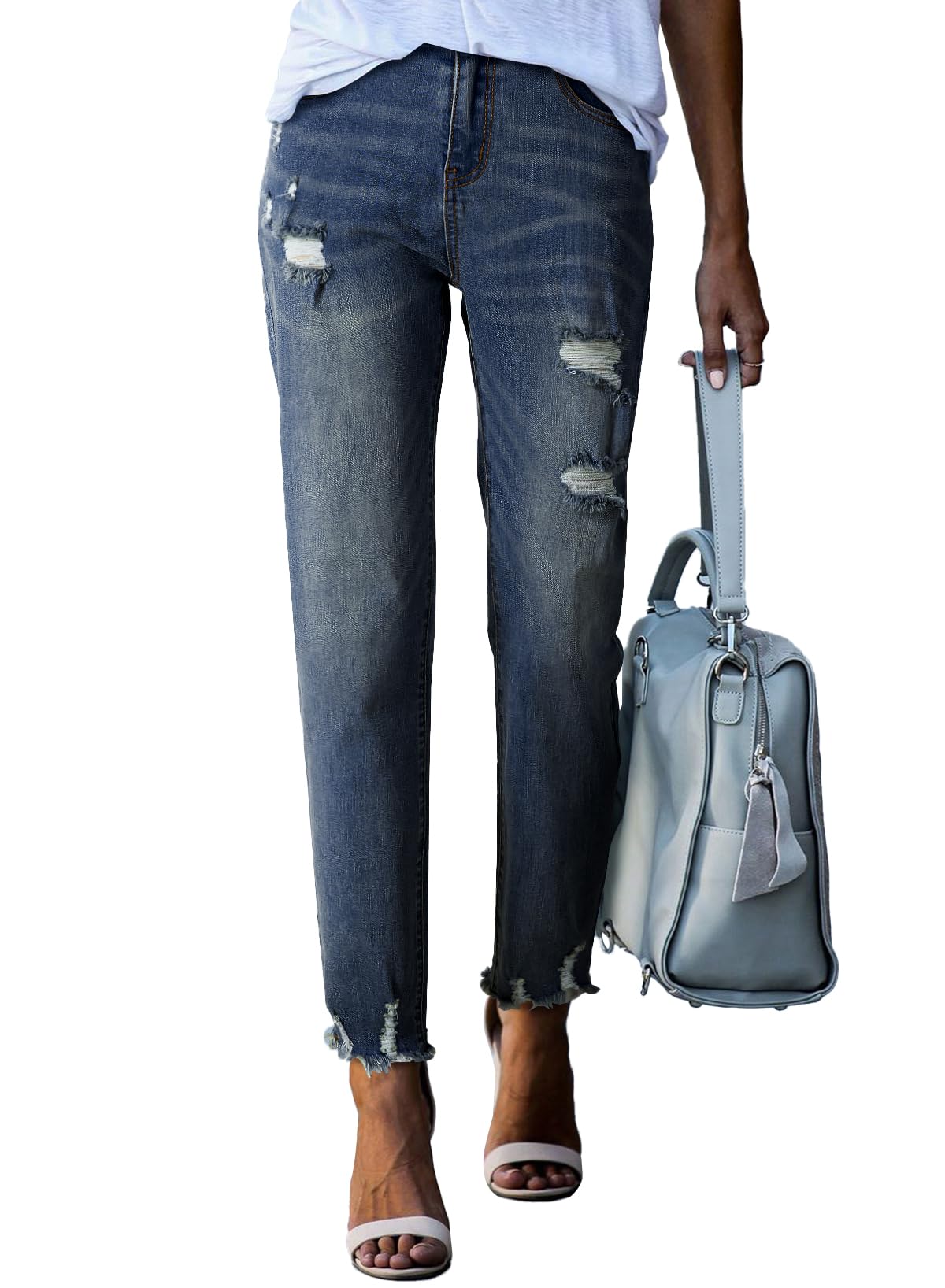 EVALESS Women's High Waisted Tummy Control Straight Ankle Ripped Jeans