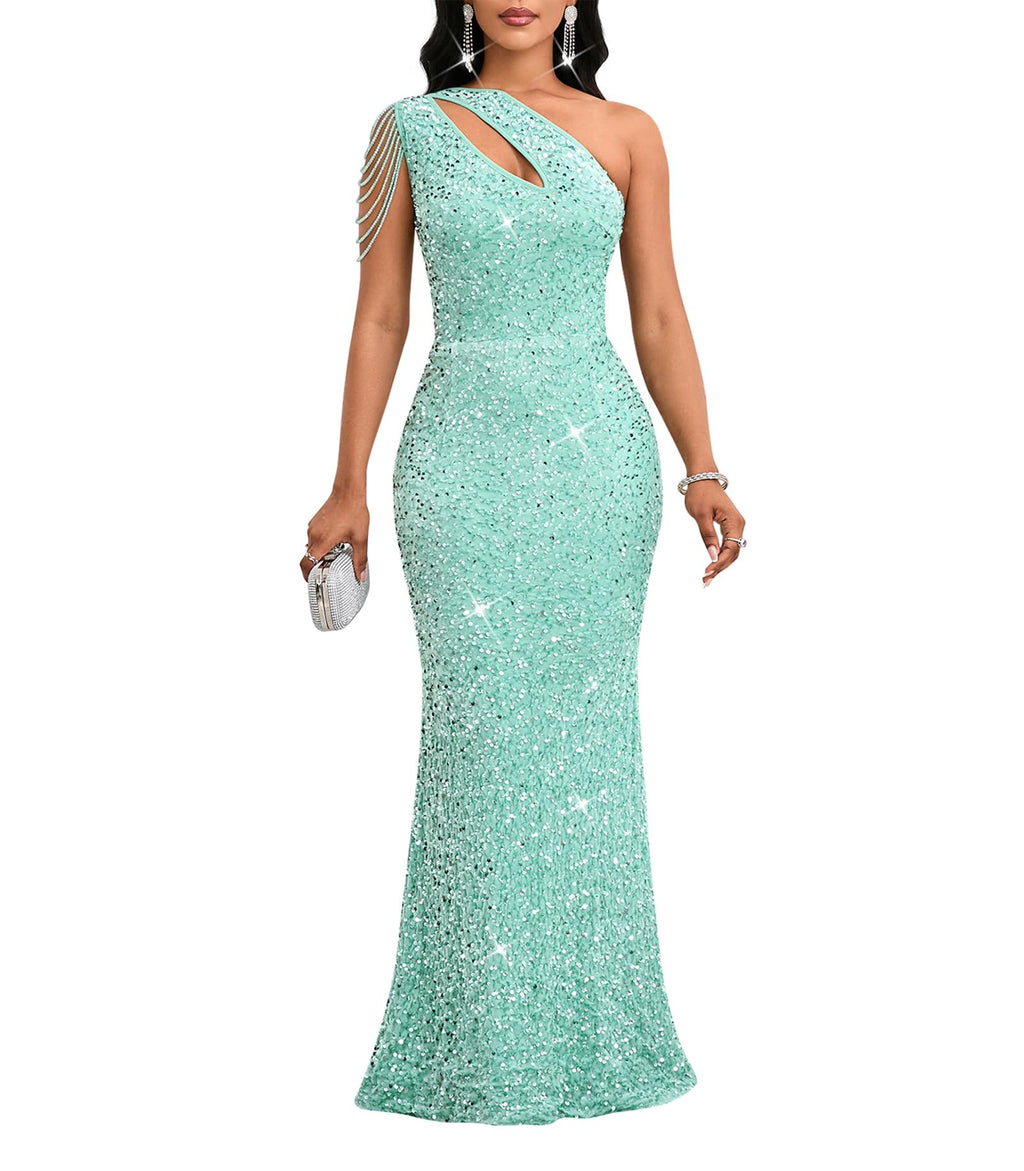 Cololura Women Sequin Elegant Sexy One Shoulder Tassel Mermaid Bodycon Cocktail Evening Dress