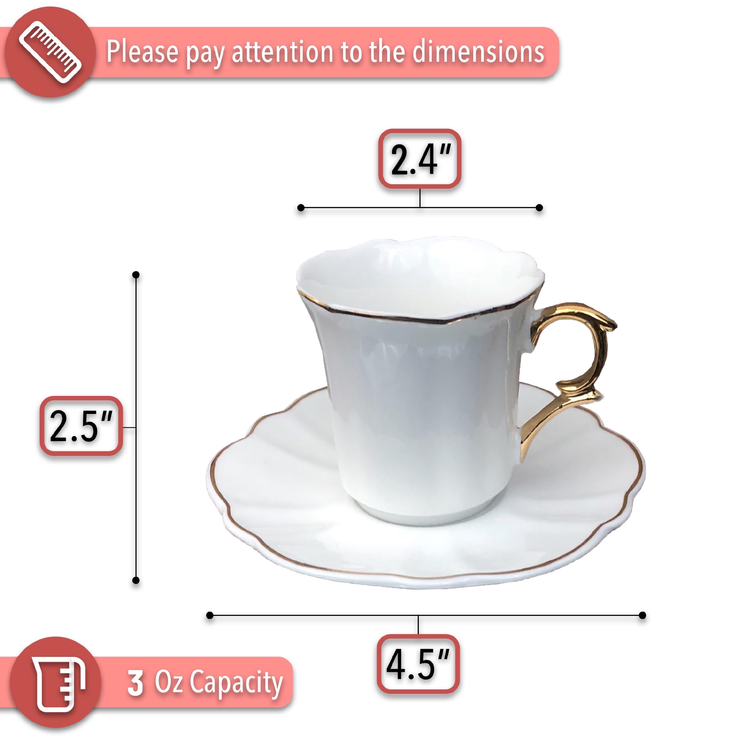 BTaT- Turkish Coffee Cup Set, 3 oz, 6 Set (12 pcs), Elegant White Cups & Saucers with Gold Trim & Gift Box, Small Porcelain Espresso Set for Serving Greek, Arabic & Turkish Coffee, Gift Giving