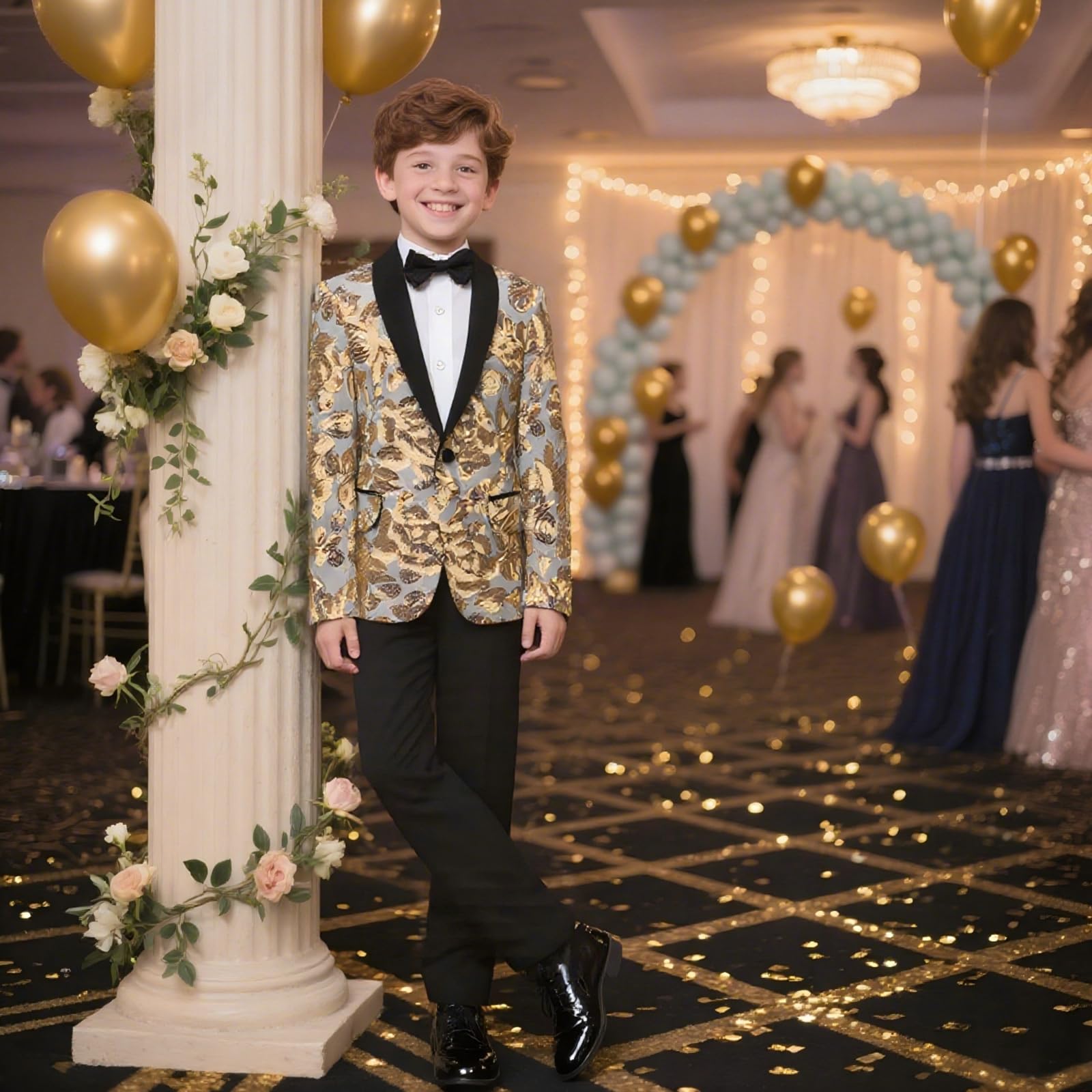 Lamgool Boys Tuxedo Suit Slim Fit Formal Set 2 Pieces with Floral Jacquard Sequin Blazer Black Pants for Kids Prom Wedding