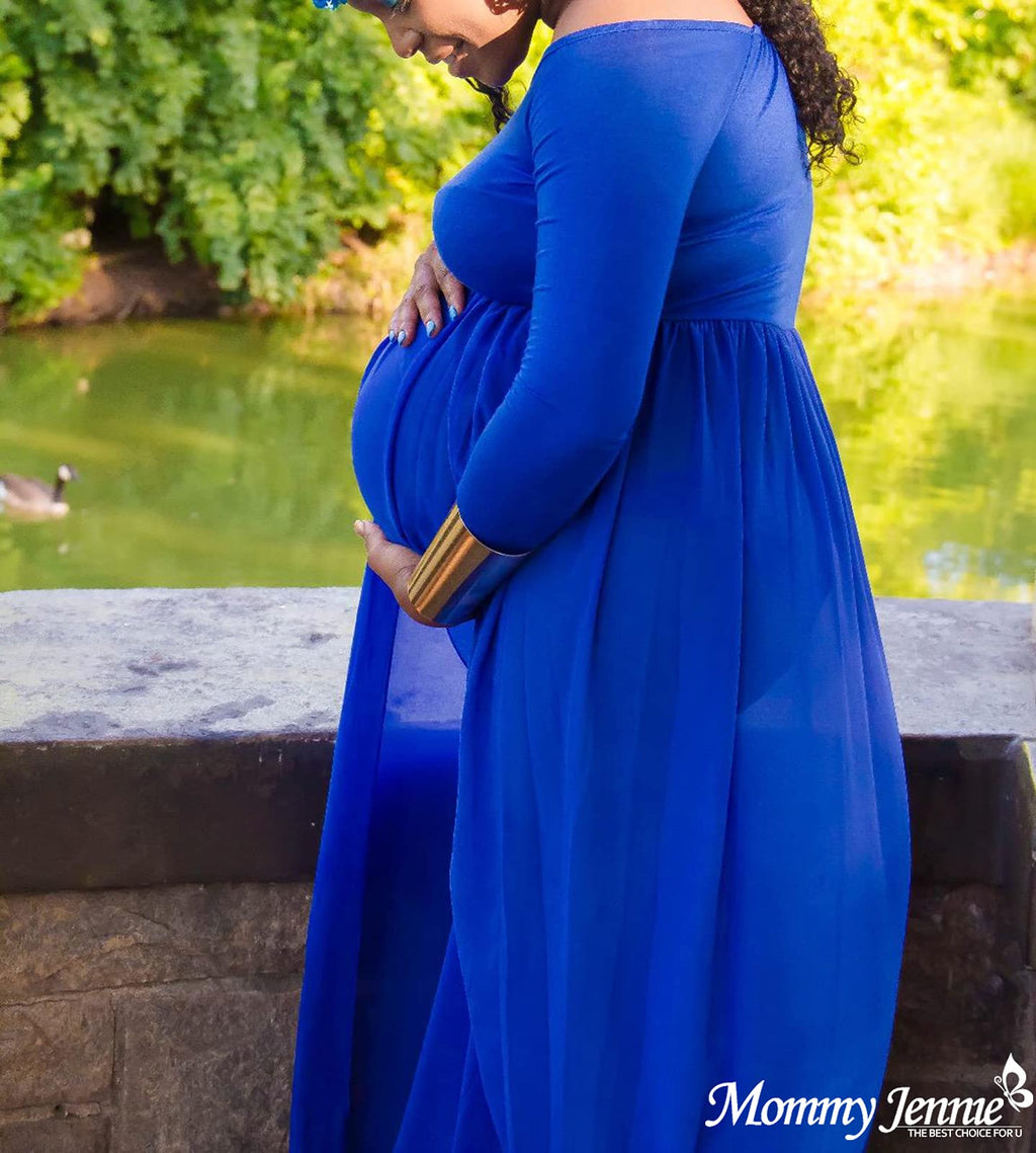 Mommy Jennie Maternity Dress Off Shoulder Long Sleeve Split Front Chiffon Gown for Photoshoot