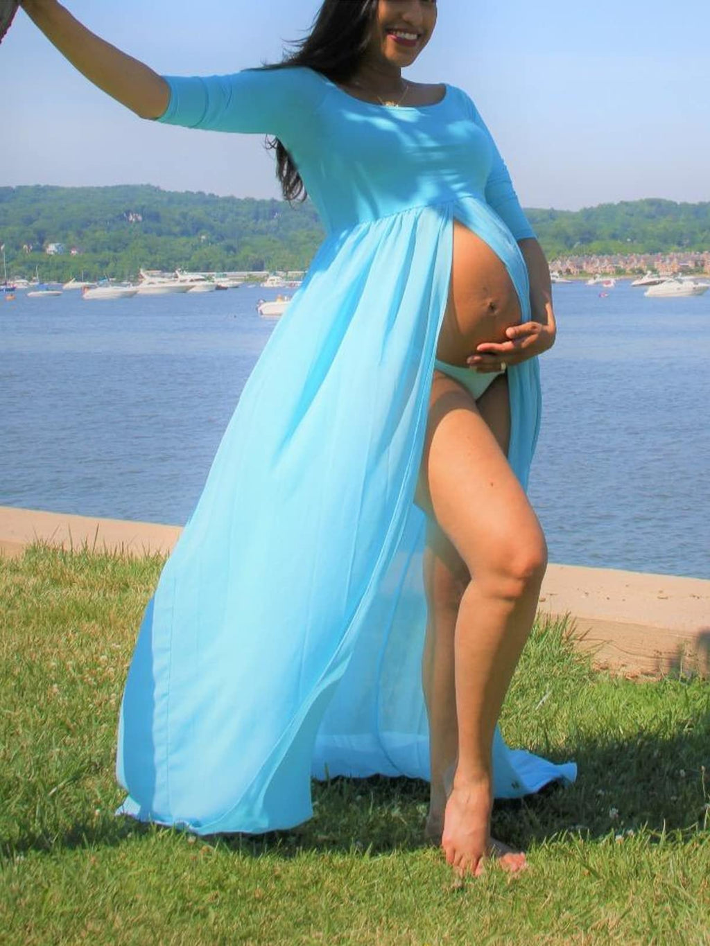 YnimioAOX Women's Off Shoulder Long Sleeve Maternity Dress for Photography Chiffon Maternity Gown for Photoshoot