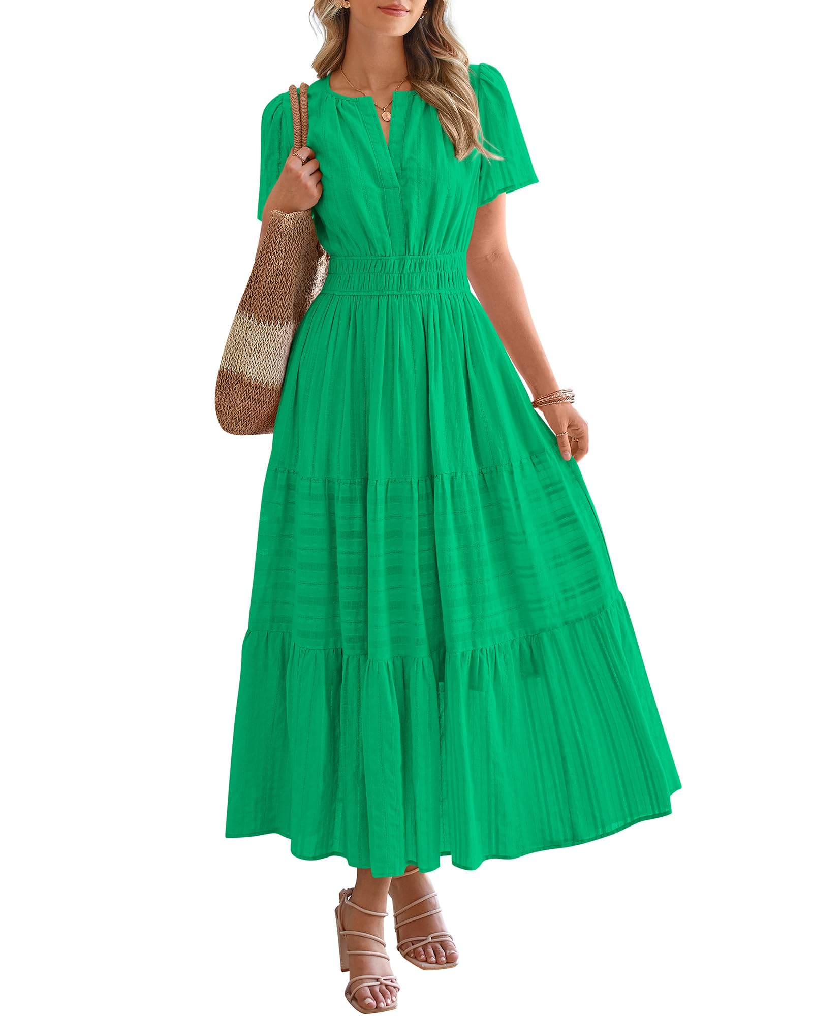 BTFBM Womens Summer 2026 Casual Midi Maxi Dresses Lightweight Short Sleeve V Neck Elastic Waist Boho Beach Dress Pockets