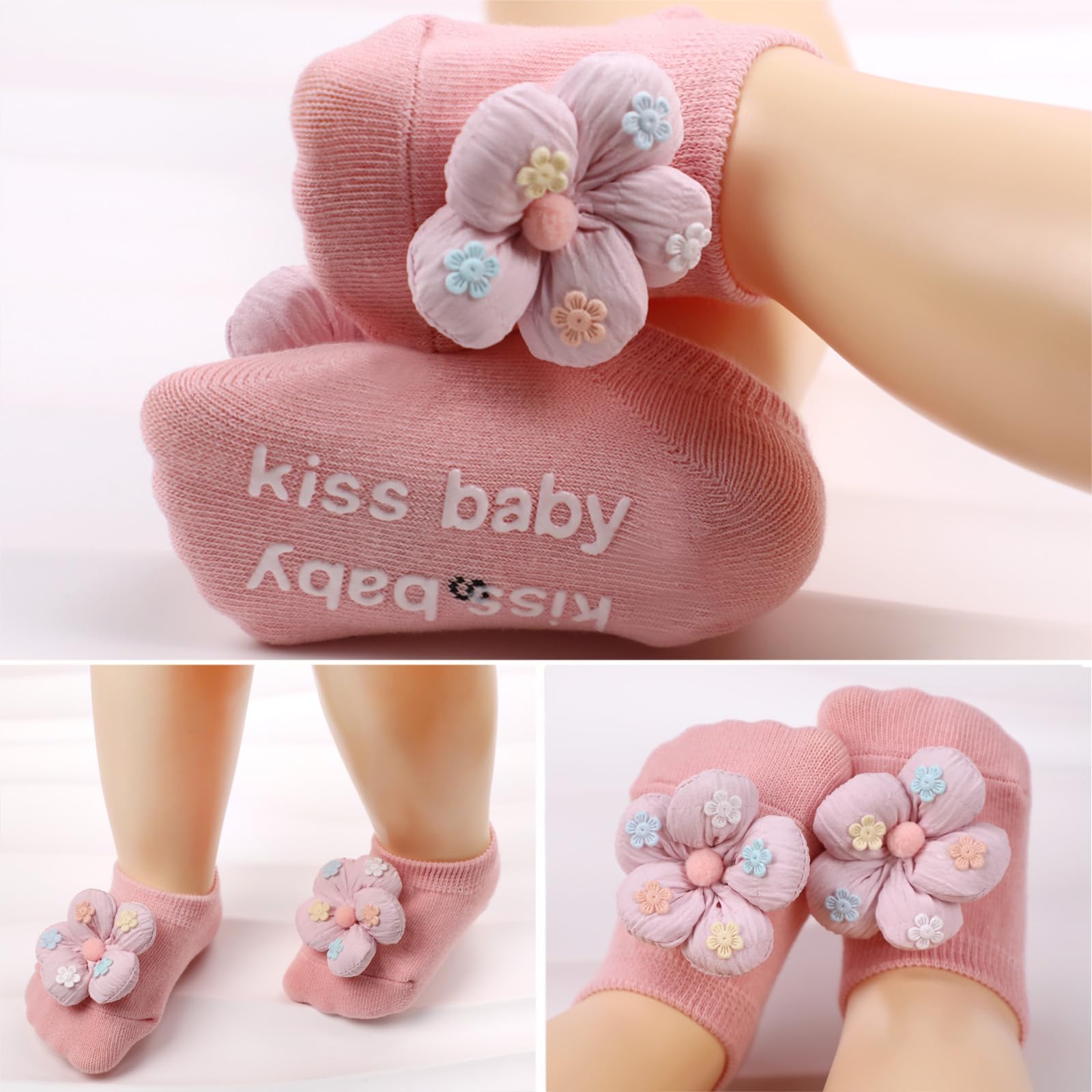 KEAINVRN 4Packs Baby Girls Socks,Flower Non-Slip Grips for Babies Toddler Princess Low Cut Ankle Socks for Girls