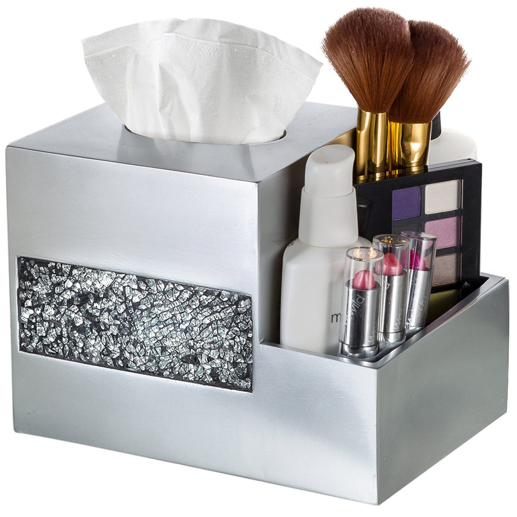Creative Scents Crackled Glass Silver Bathroom Accessory Set – 4-Piece Vanity Set Includes: Lotion Soap Dispenser, Toothbrush Holder, Tumbler, and Soap Dish