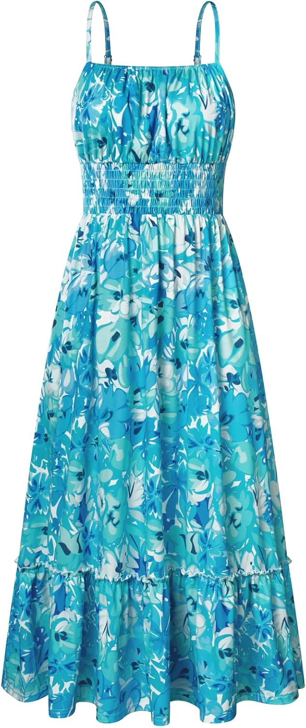 GRACE KARIN Summer Dresses for Women 2026 Vacation,Smocked Floral Maxi Dress,Boho Beach Sundress with Pocket Fashion Clothing