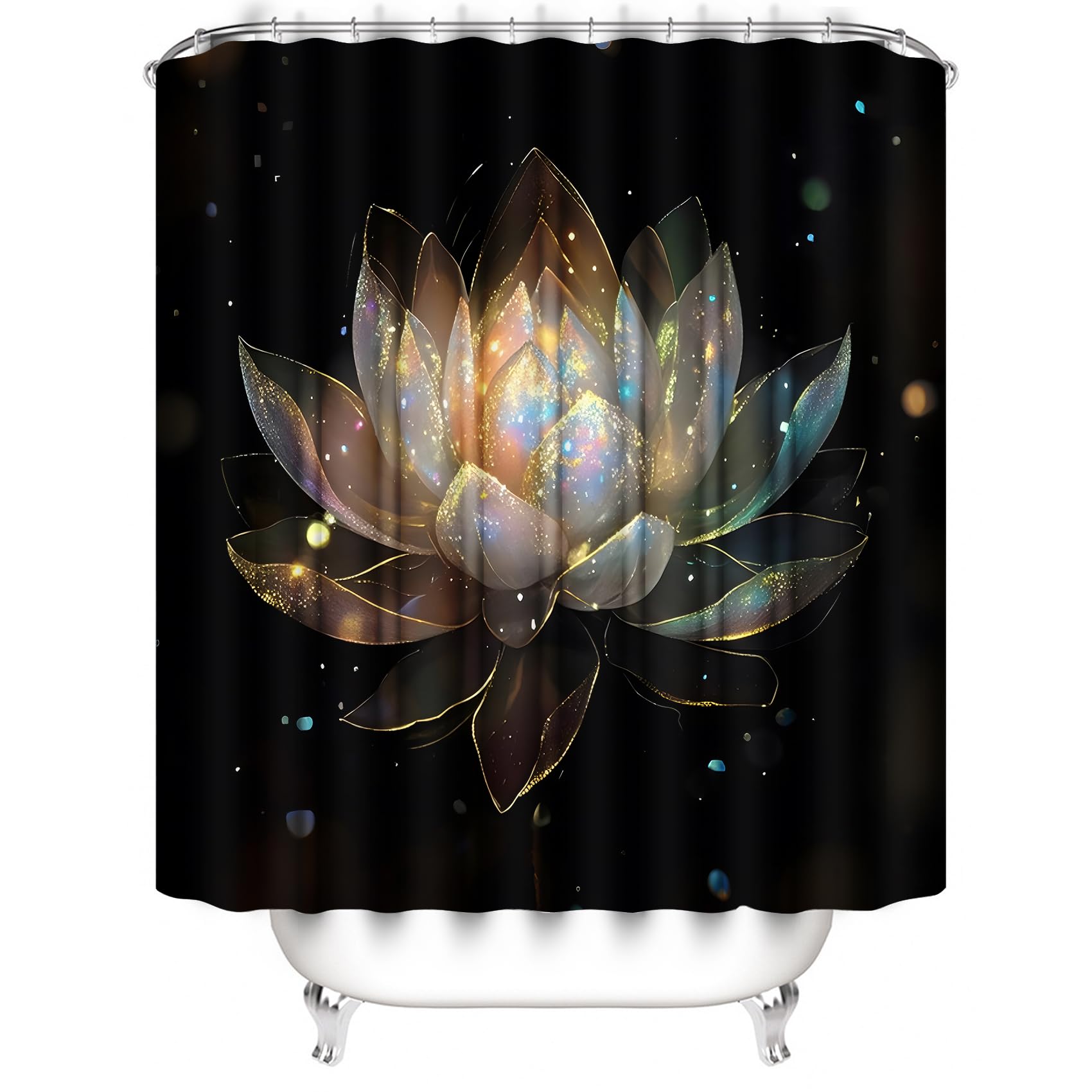 AZHM 4PCS Lotus Shower Curtain Set Black and Gold Flower Bathroom Decor Sets with Shower Curtain and Rugs and Accessories with 12 Hooks for Toilet