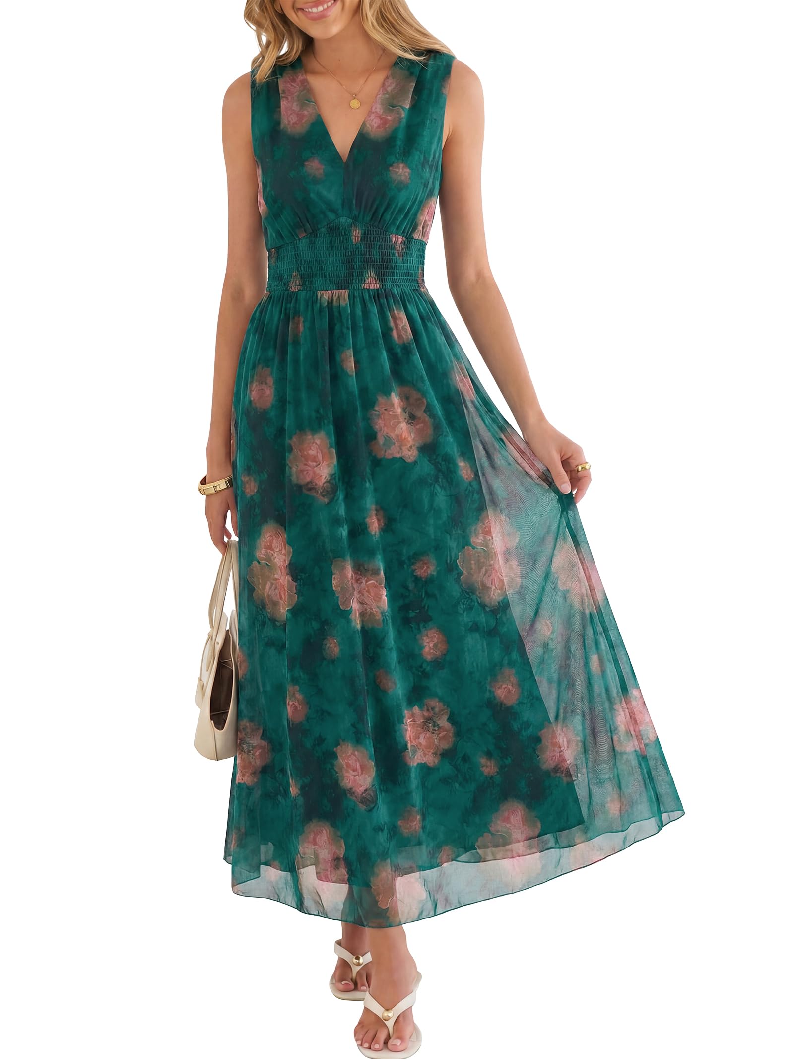 ANRABESS Womens Summer Floral Maxi Dress, A Line Tulle,Elegant for Wedding Guest & Beach Vacation,Flowy Casual Boho Outfits