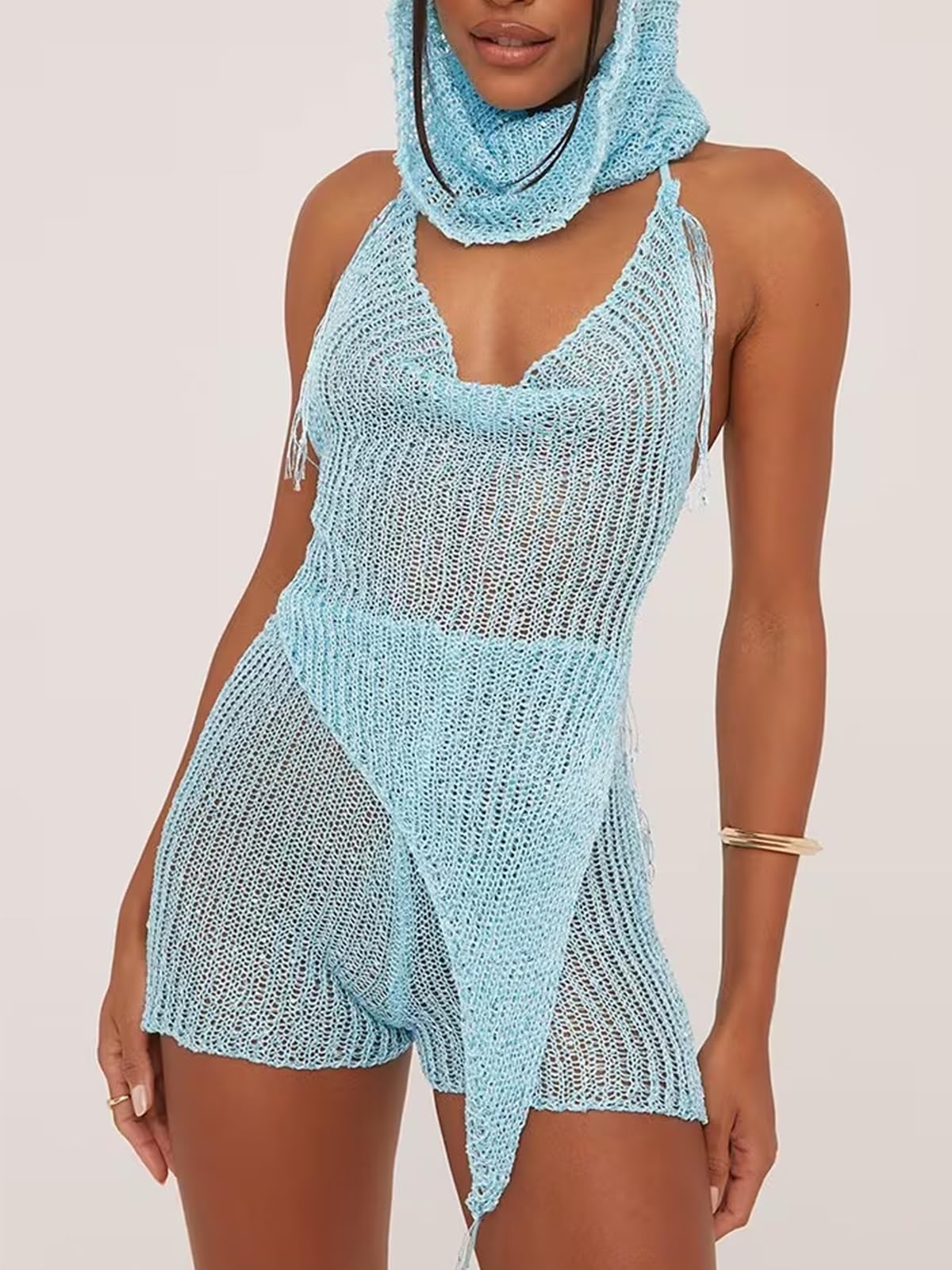 KANSOON Sexy Two Piece Outfits for Women Sequin Knit Backless Irregular Halter Top Crochet Shorts Set with Matching Rave Hood