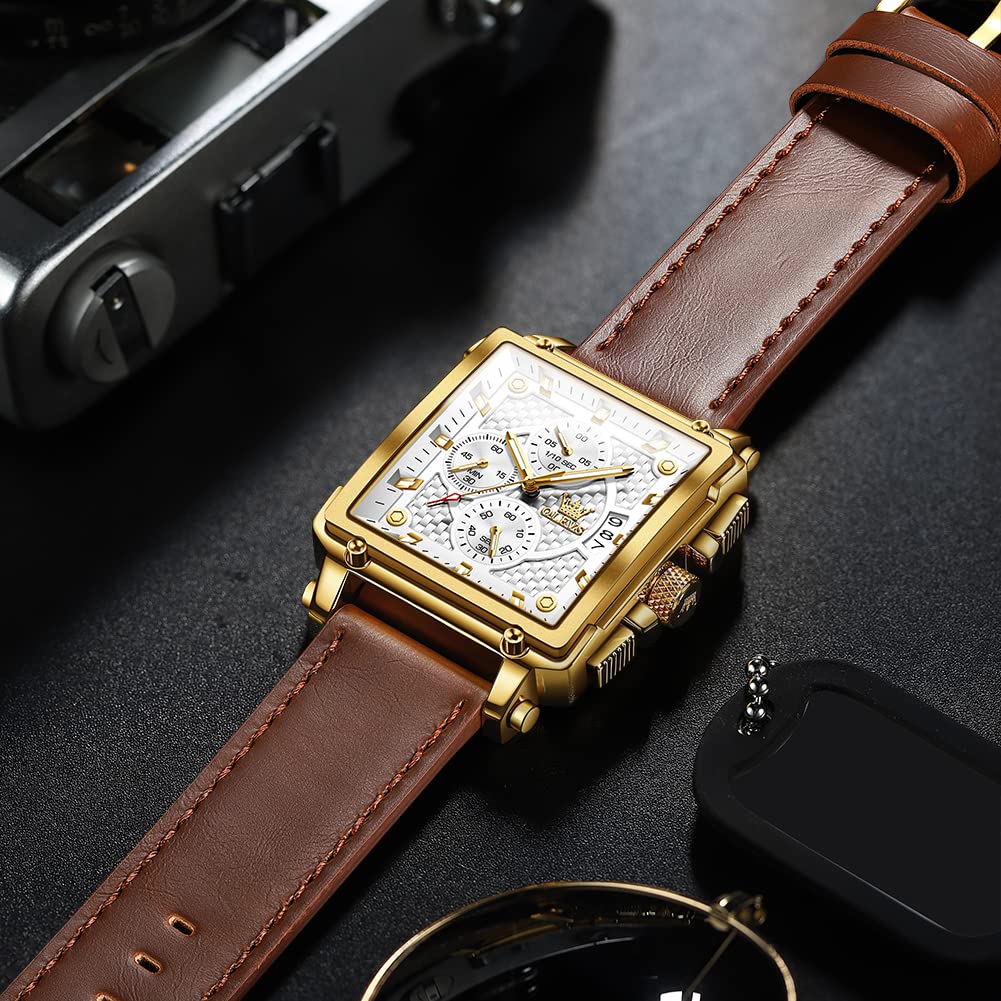 OLEVS Men's Casual Leather Watch, Big Face Chronograph Watch for Men, Fashion Easy to Read Dress Watch, Men's Waterproof Luminous Date Analog Watch, Gold/Black/White/Blue Dial