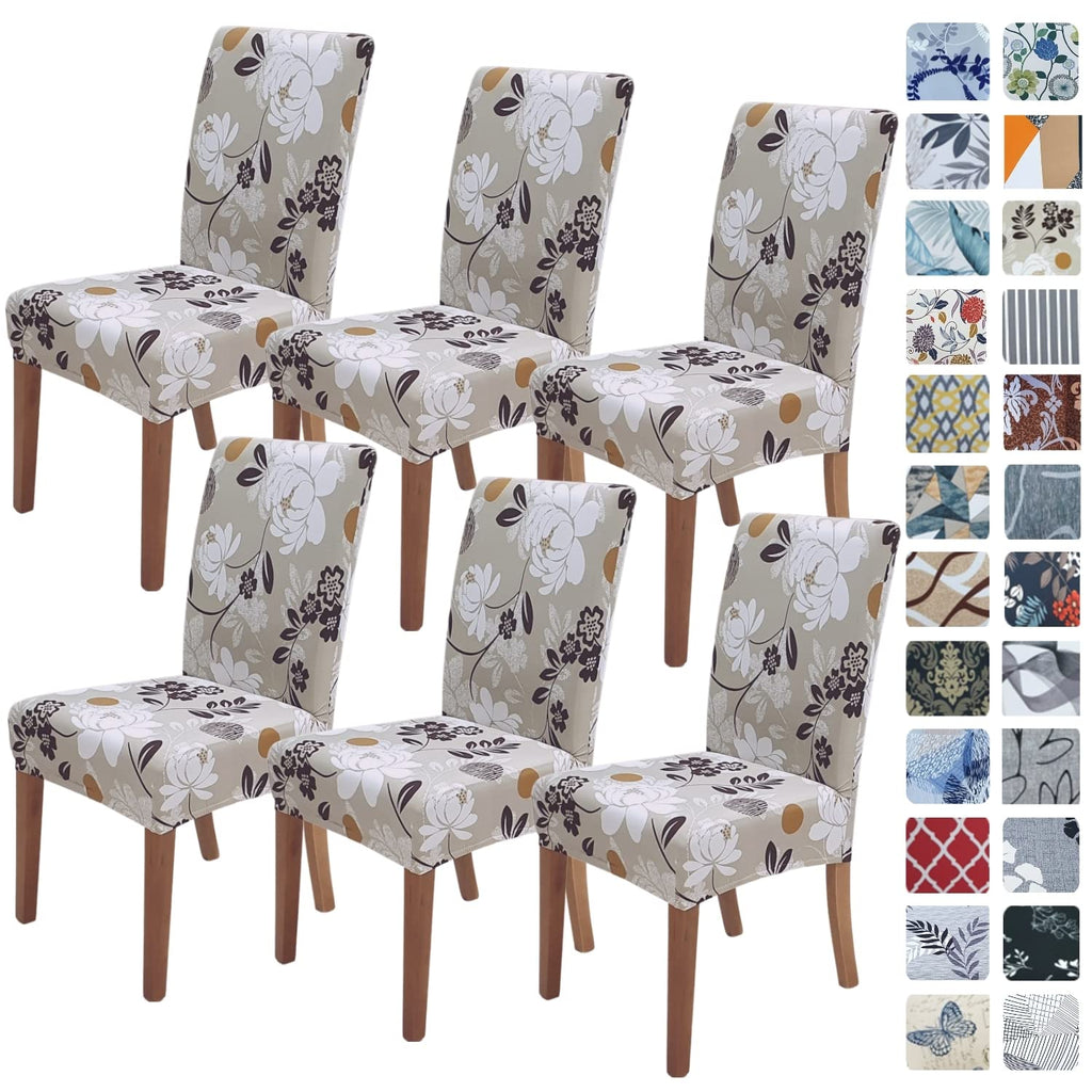 SPRINGRICO Chair Covers for Dining Room 6 Pack, Stretch Dining Chair Cover, Washable Spandex Kitchen Parsons Chair Slipcovers, Removable Seat Protector for Home or Party (Set of 6, Floral Beige)