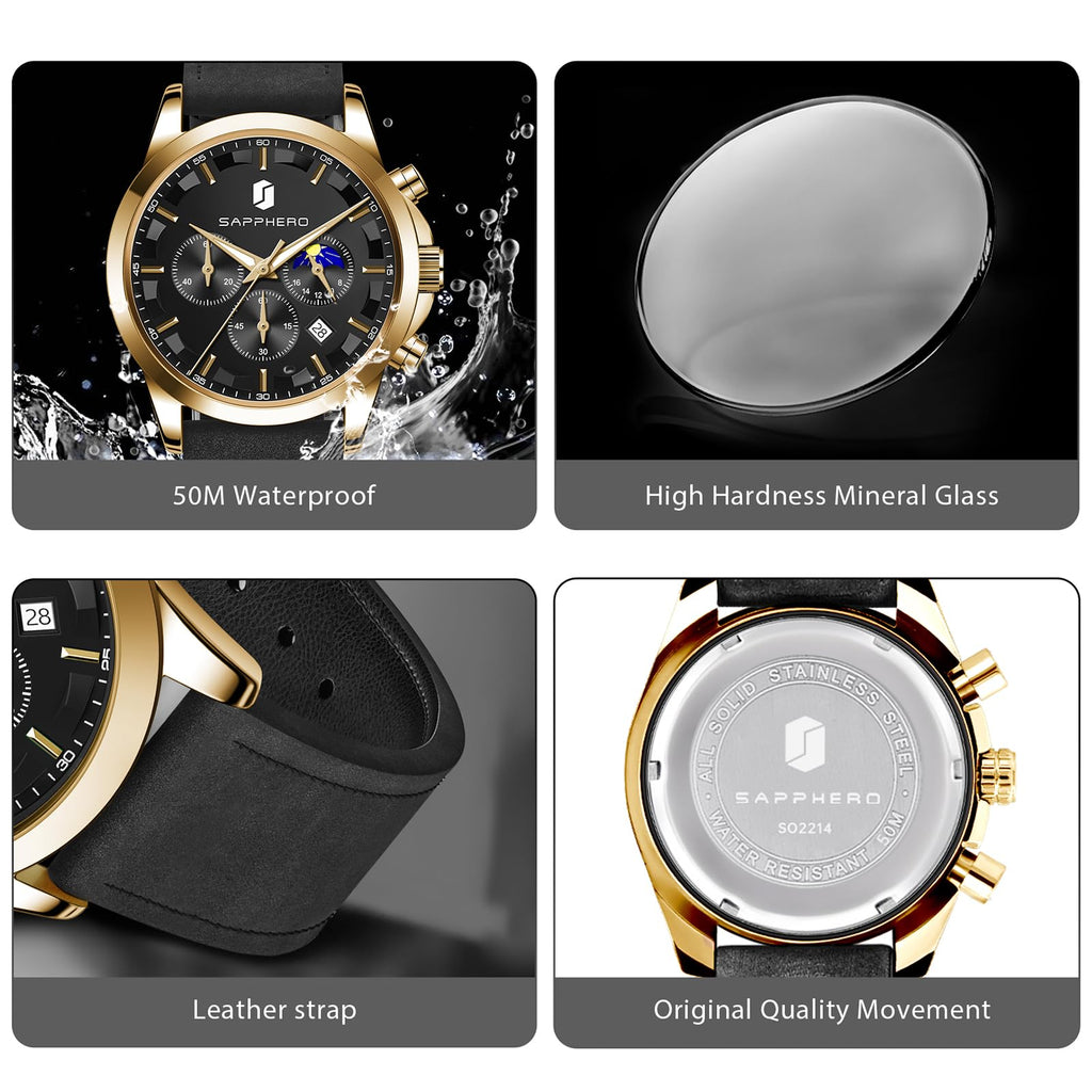 SAPPHERO Chronograph Watches for Men, Original Business Casual Stainless Steel Analog Watch 50M Waterproof Luminous Watches with Date Dial, Mens Gift