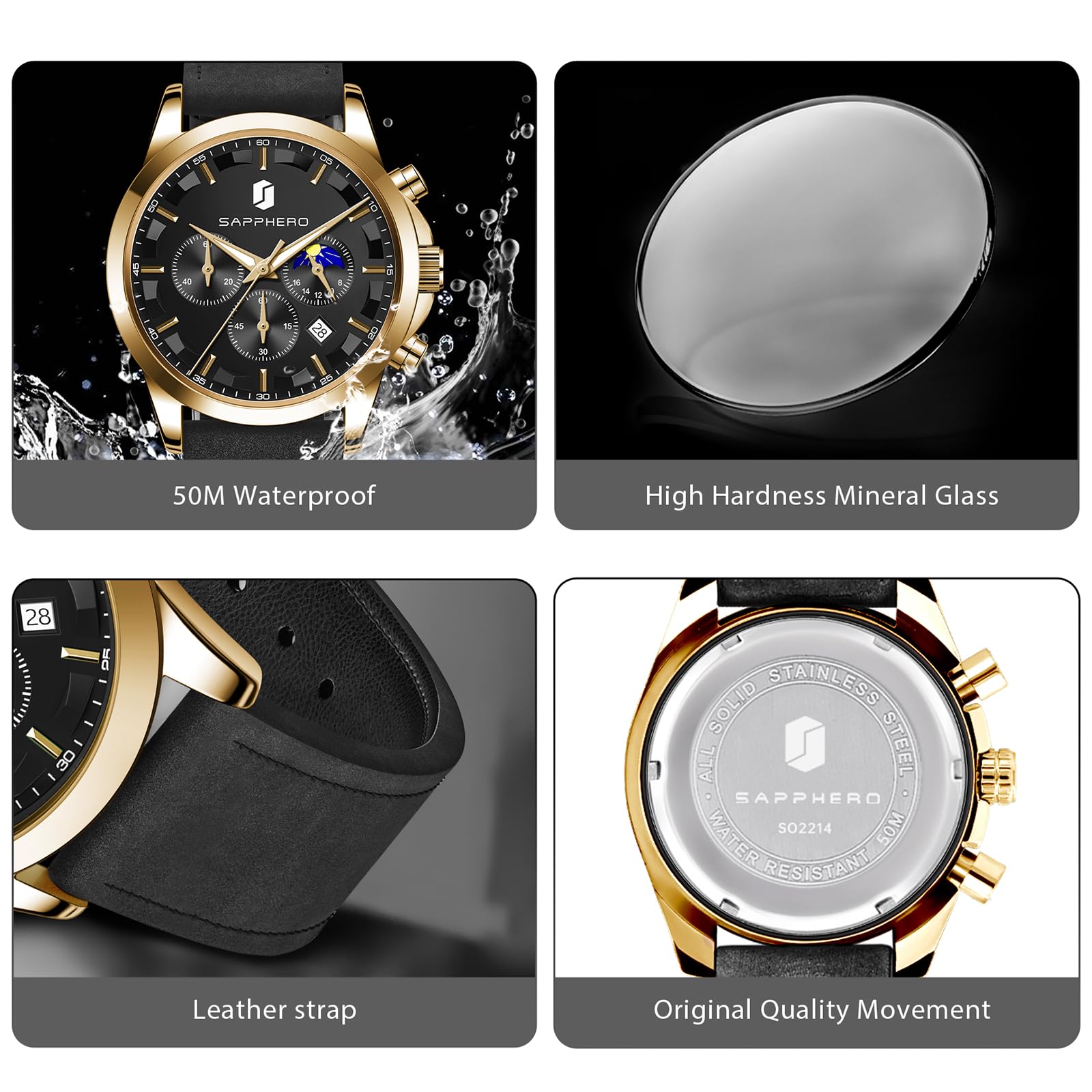 SAPPHERO Chronograph Watches for Men, Original Business Casual Stainless Steel Analog Watch 50M Waterproof Luminous Watches with Date Dial, Mens Gift