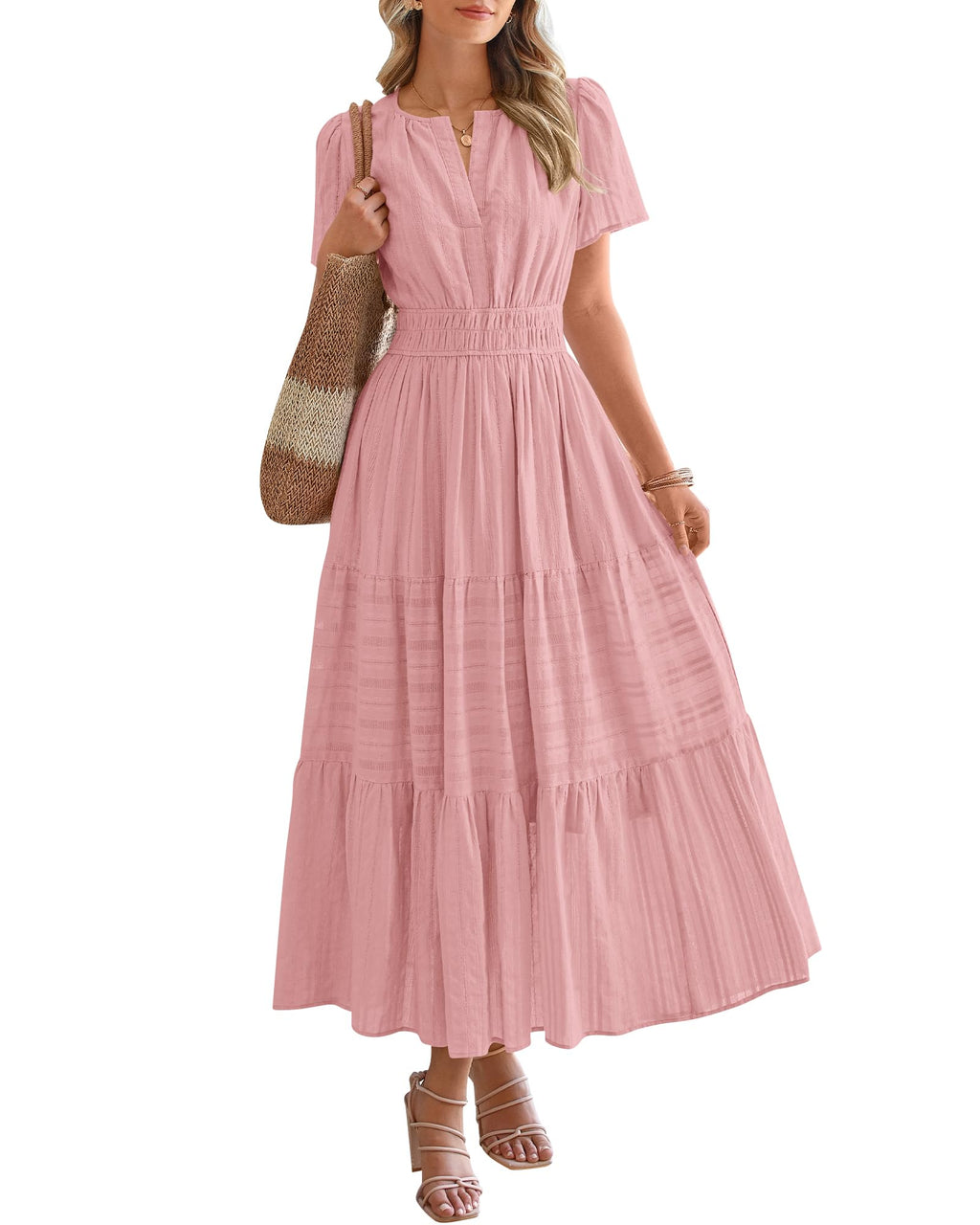BTFBM Womens Summer 2026 Casual Midi Maxi Dresses Lightweight Short Sleeve V Neck Elastic Waist Boho Beach Dress Pockets
